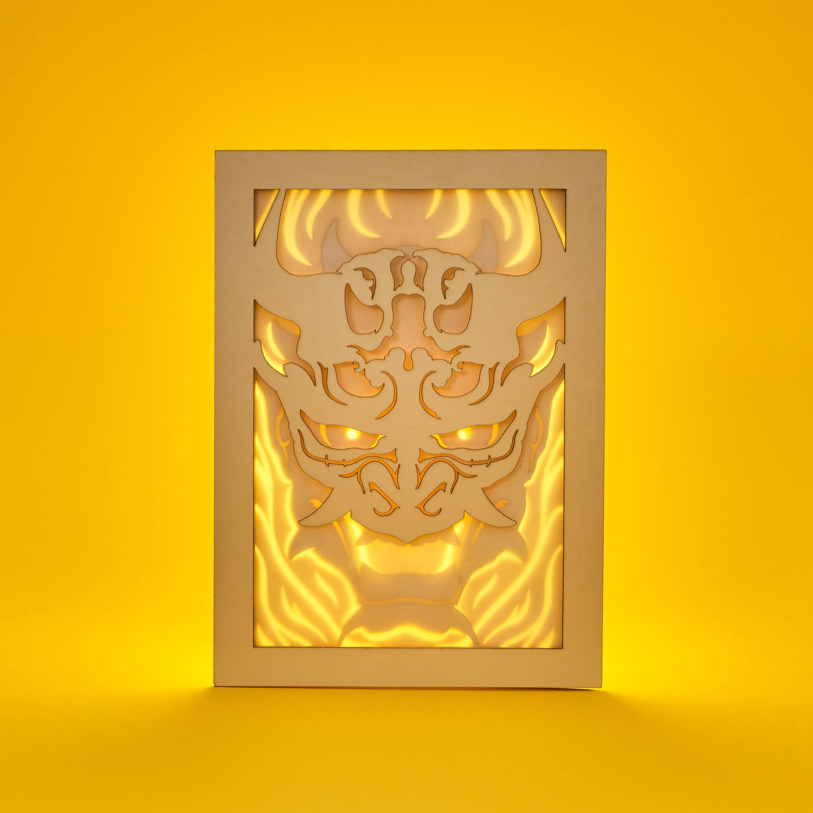 Japanese Oni demon mask with horns flames and ornaments