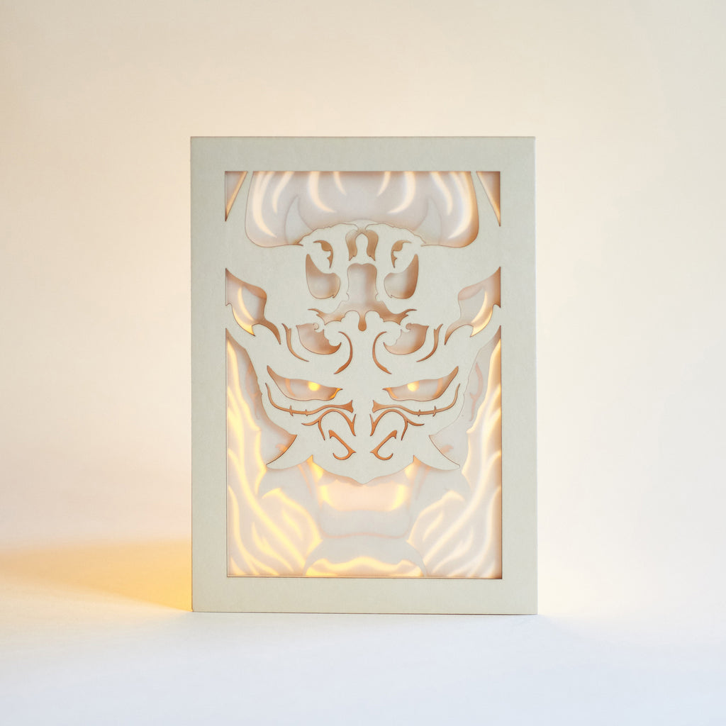 Japanese Oni demon mask with horns flames and ornaments