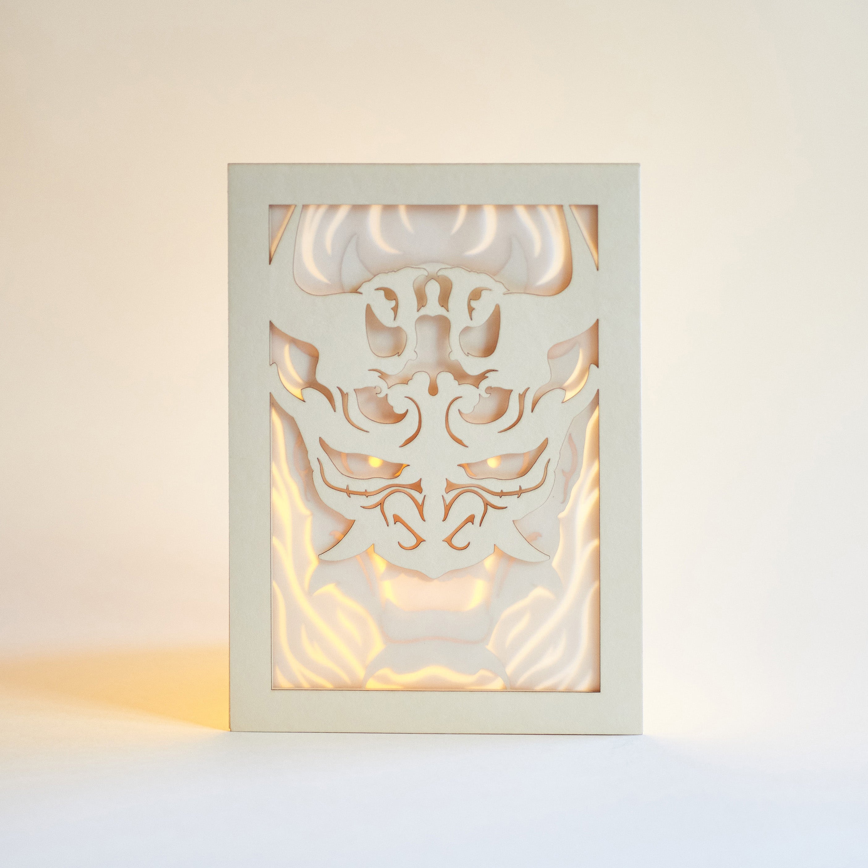 Japanese Oni demon mask with horns flames and ornaments