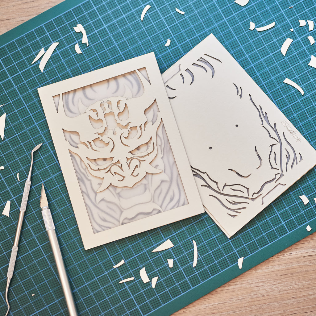 Japanese Oni demon mask with horns flames and ornaments