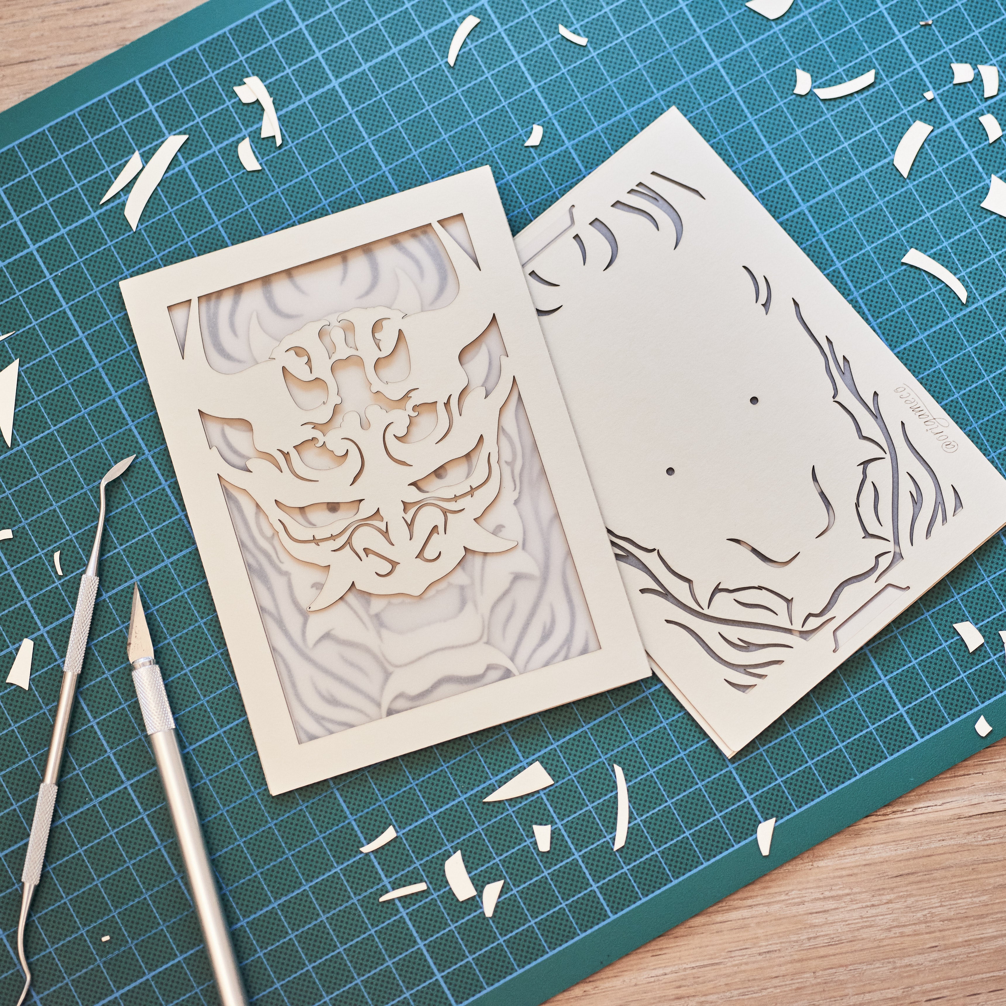 Japanese Oni demon mask with horns flames and ornaments