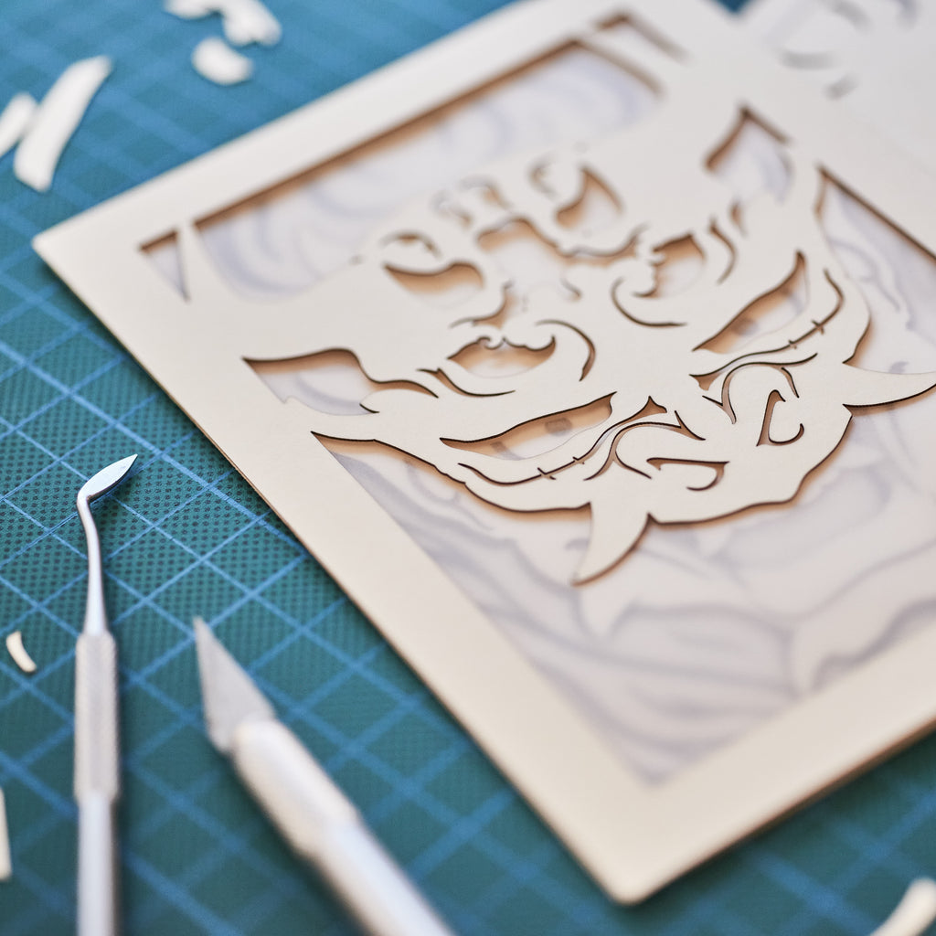 Japanese Oni demon mask with horns flames and ornaments