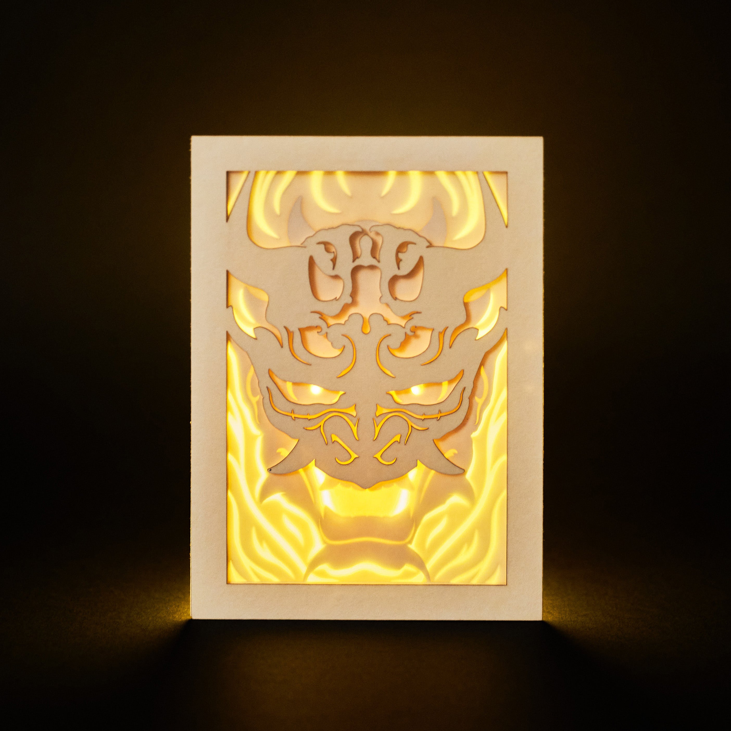 Japanese Oni demon mask with horns flames and ornaments