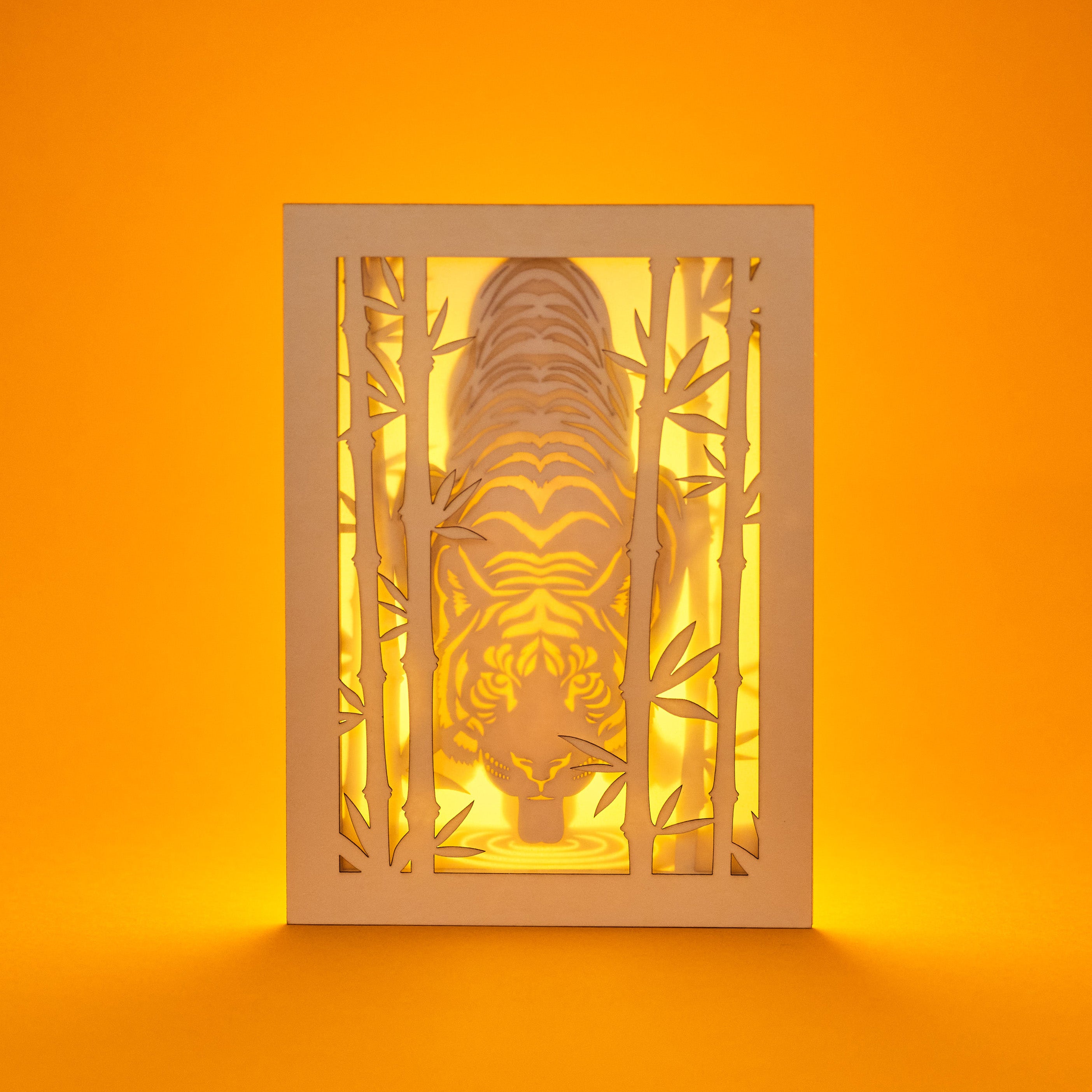 Elegant tiger drinking water among bamboo in forest