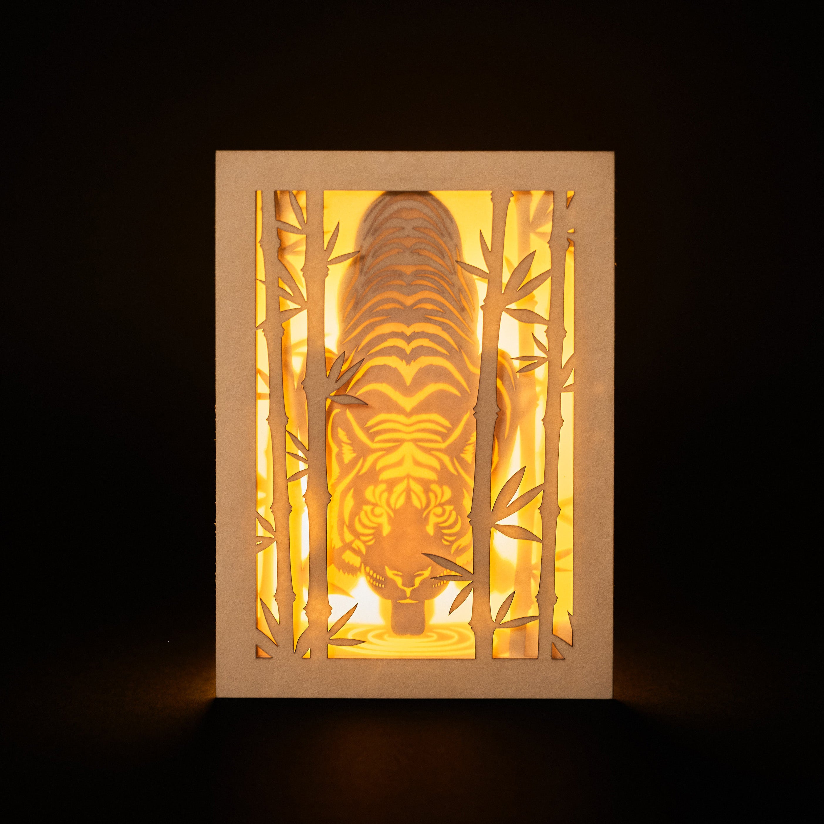 Elegant tiger drinking water among bamboo in forest