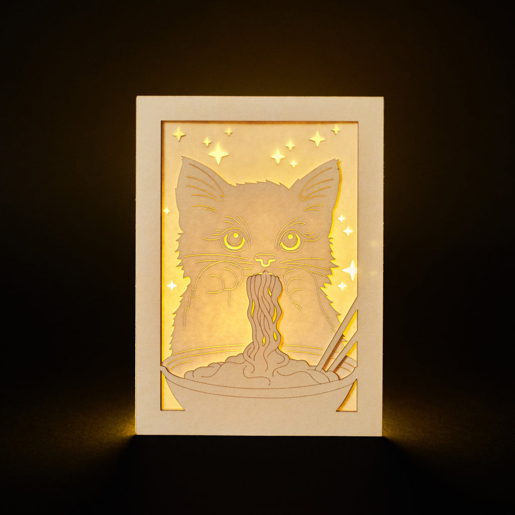 Adorable cat eating ramen noodles with chopsticks