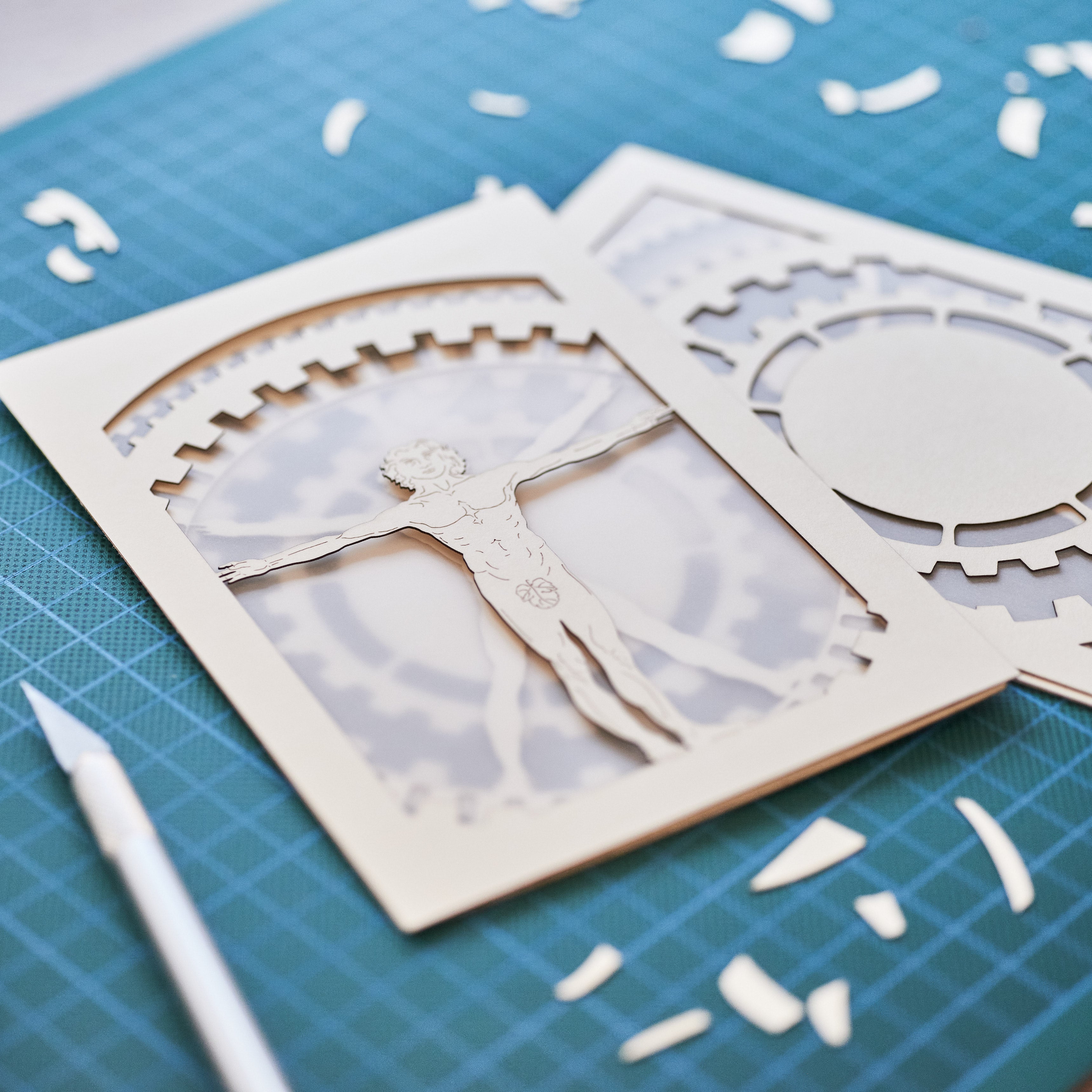 Leonardo da Vincci's Vitruvian Man with mechanical gears