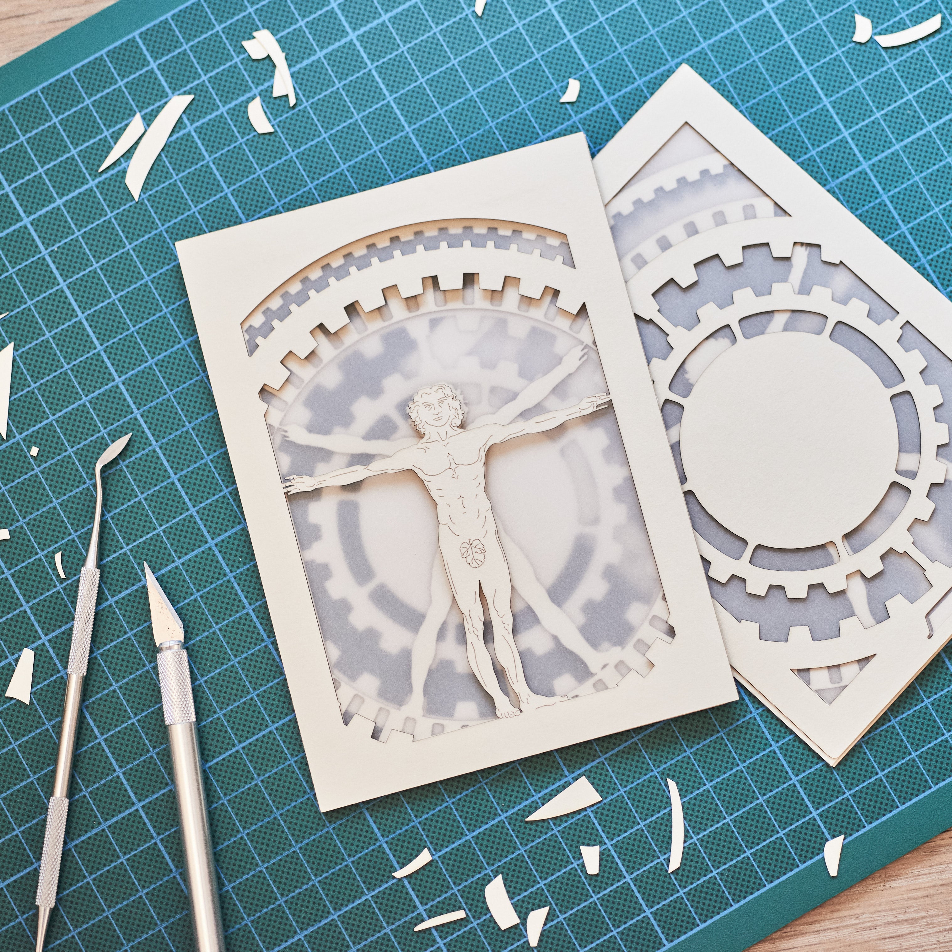 Leonardo da Vincci's Vitruvian Man with mechanical gears