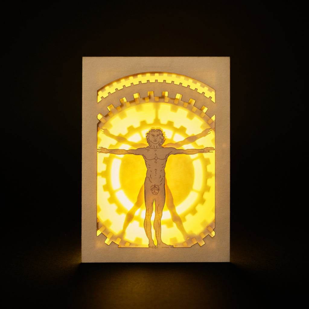 Leonardo da Vincci's Vitruvian Man with mechanical gears