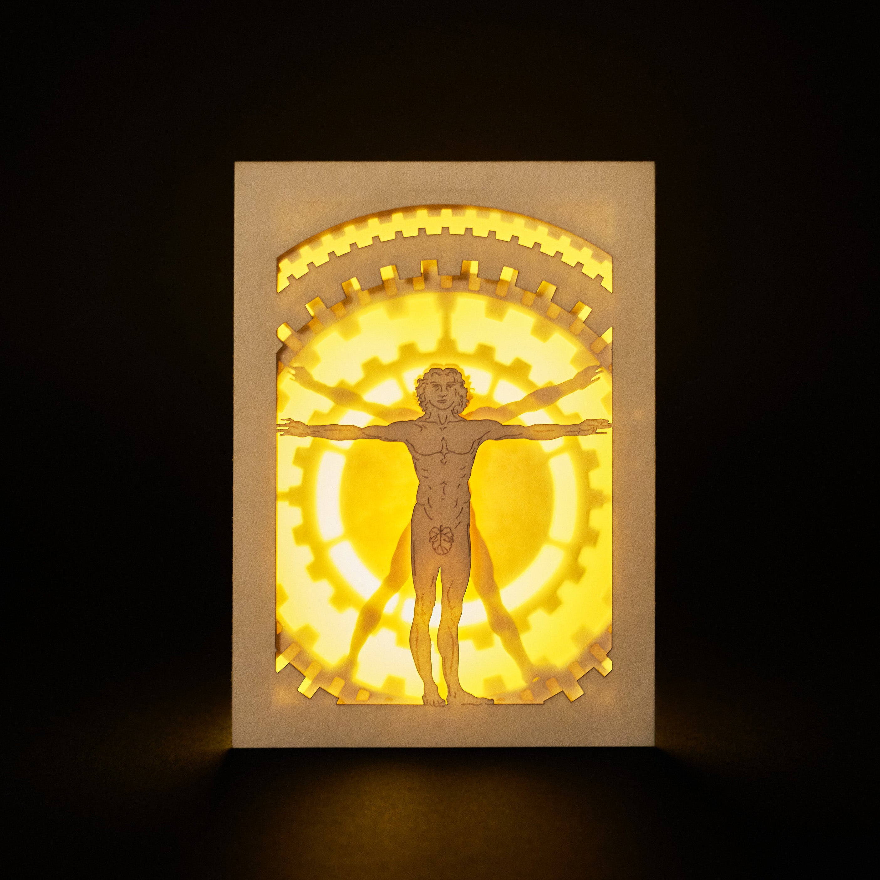 Leonardo da Vincci's Vitruvian Man with mechanical gears