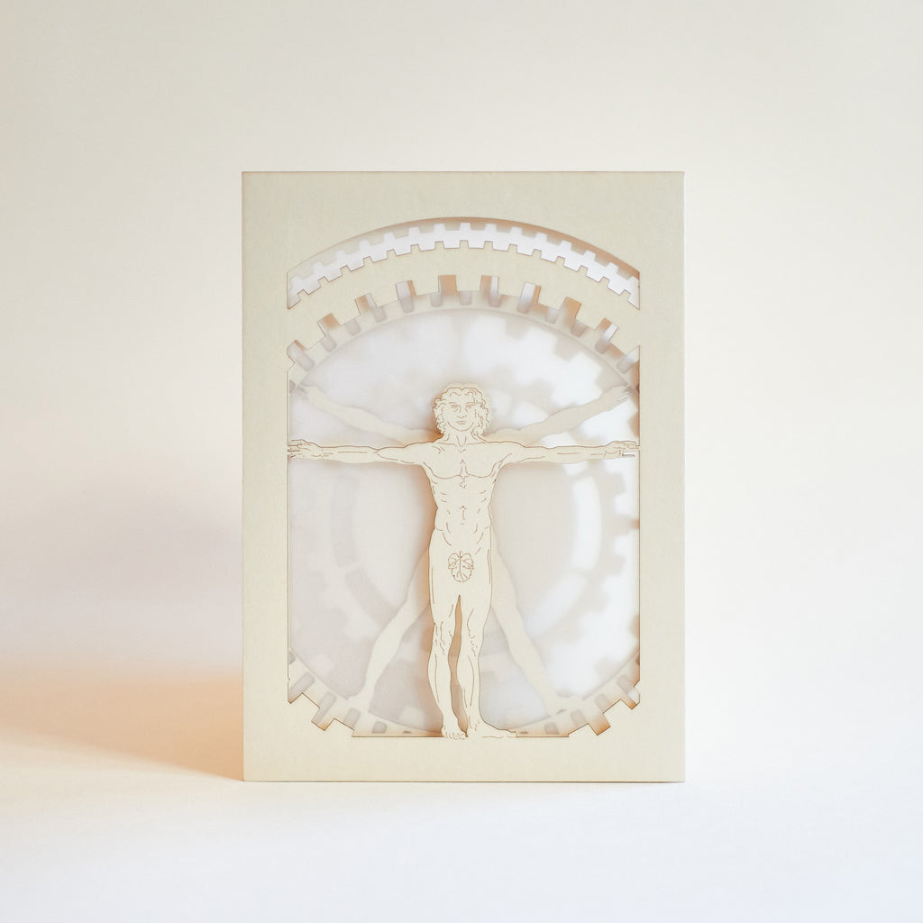 Leonardo da Vincci's Vitruvian Man with mechanical gears