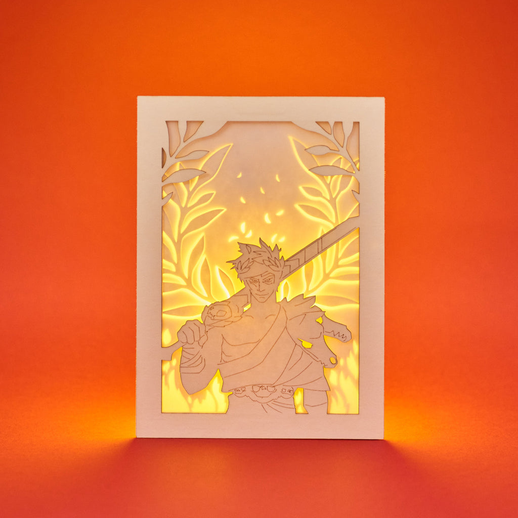 Zagreus from Hades game with sword standing in front of olive branches and flames