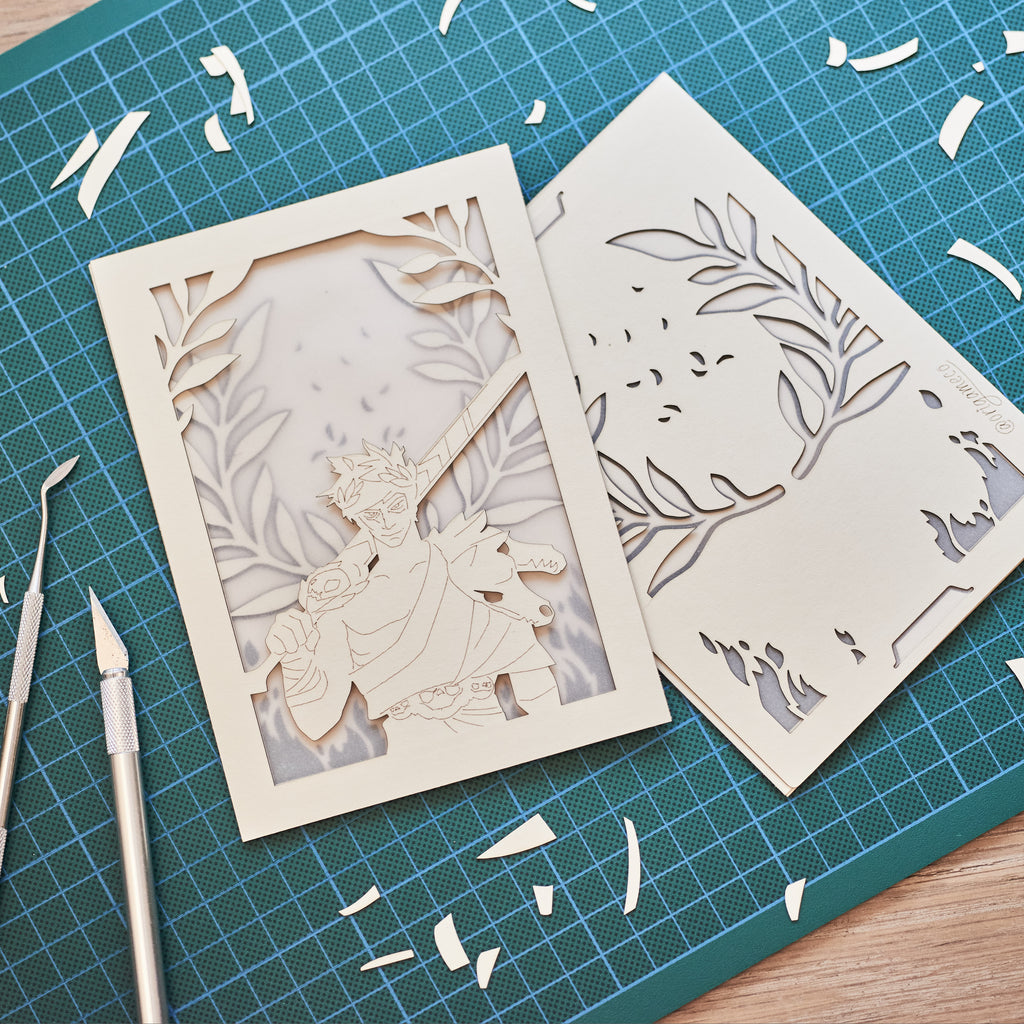 Zagreus from Hades game with sword standing in front of olive branches and flames