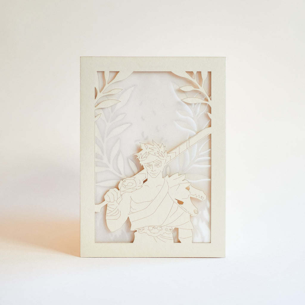 Zagreus from Hades game with sword standing in front of olive branches and flames