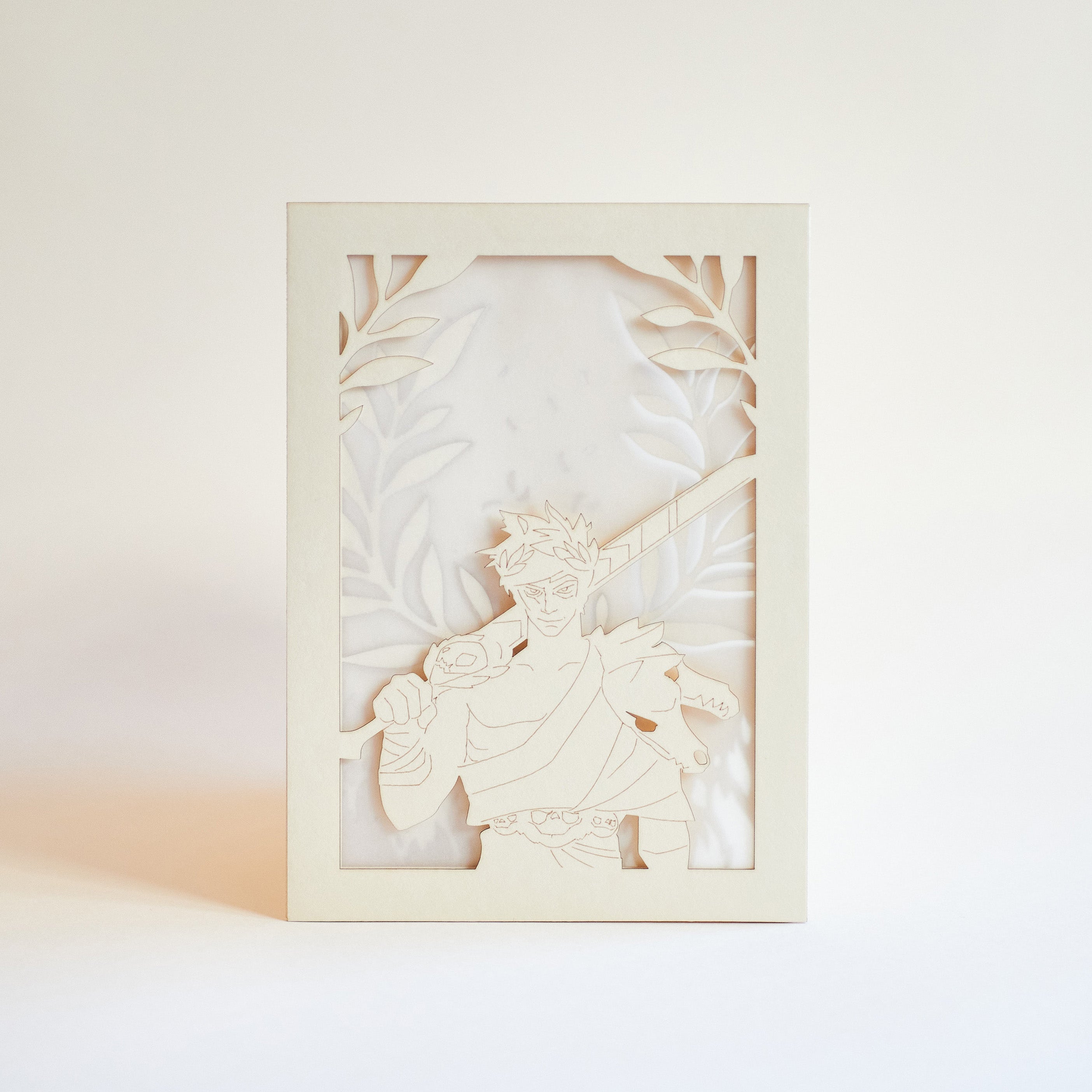 Zagreus from Hades game with sword standing in front of olive branches and flames