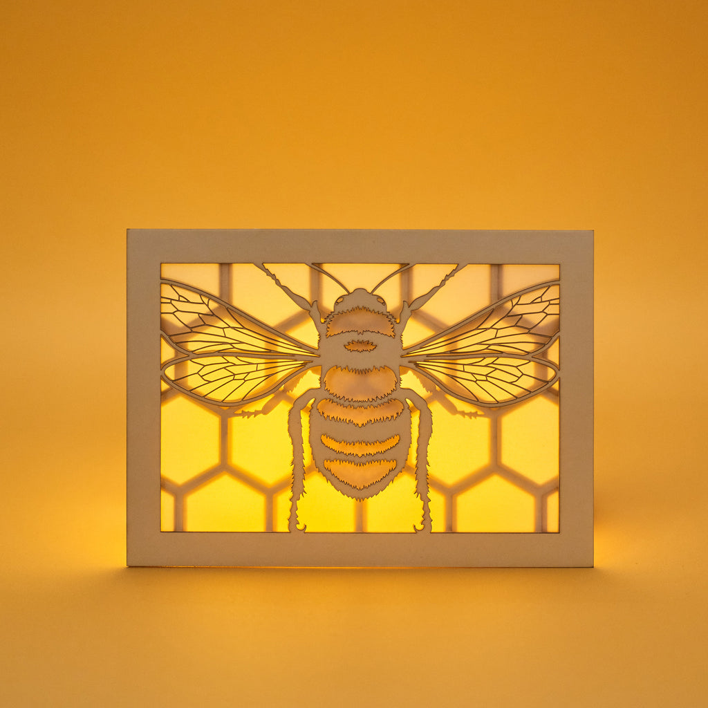 Realistic bee with delicate wings and honeycomb background