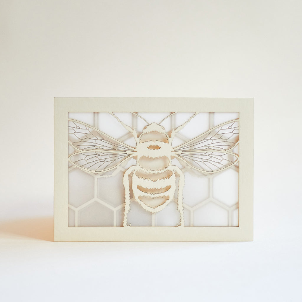 Realistic bee with delicate wings and honeycomb background