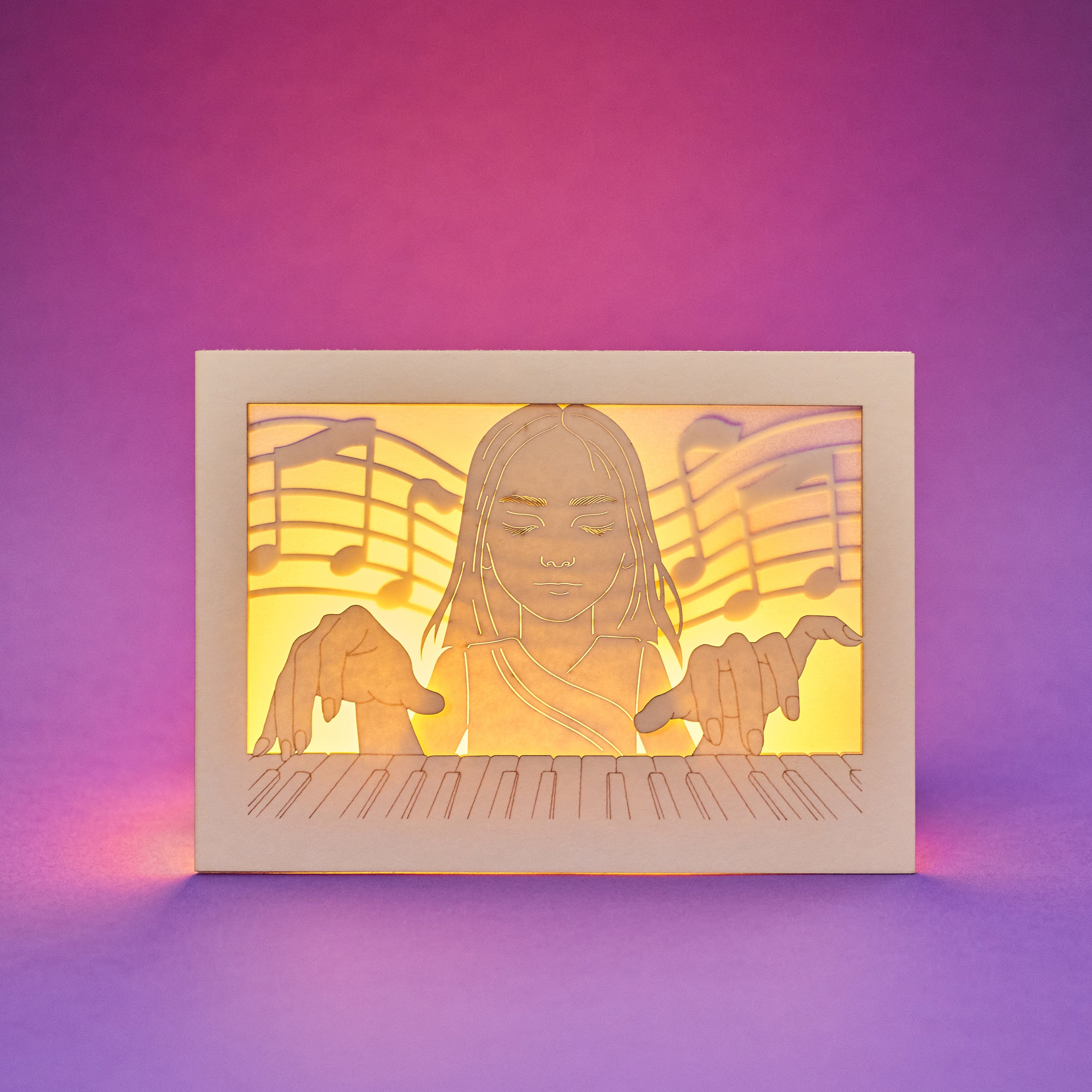 Young woman pianist with closed eyes playing piano with musical notes