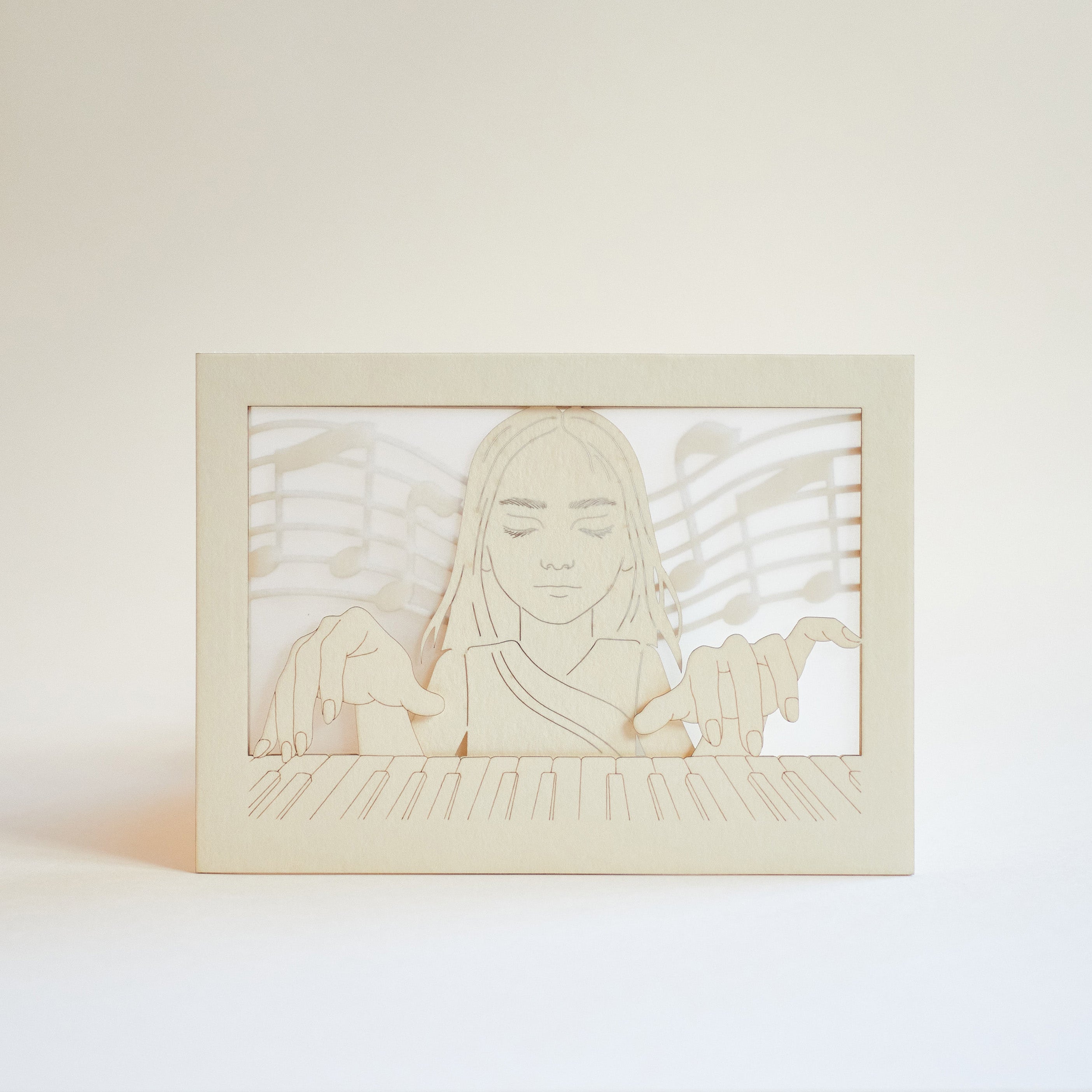 Young woman pianist with closed eyes playing piano with musical notes