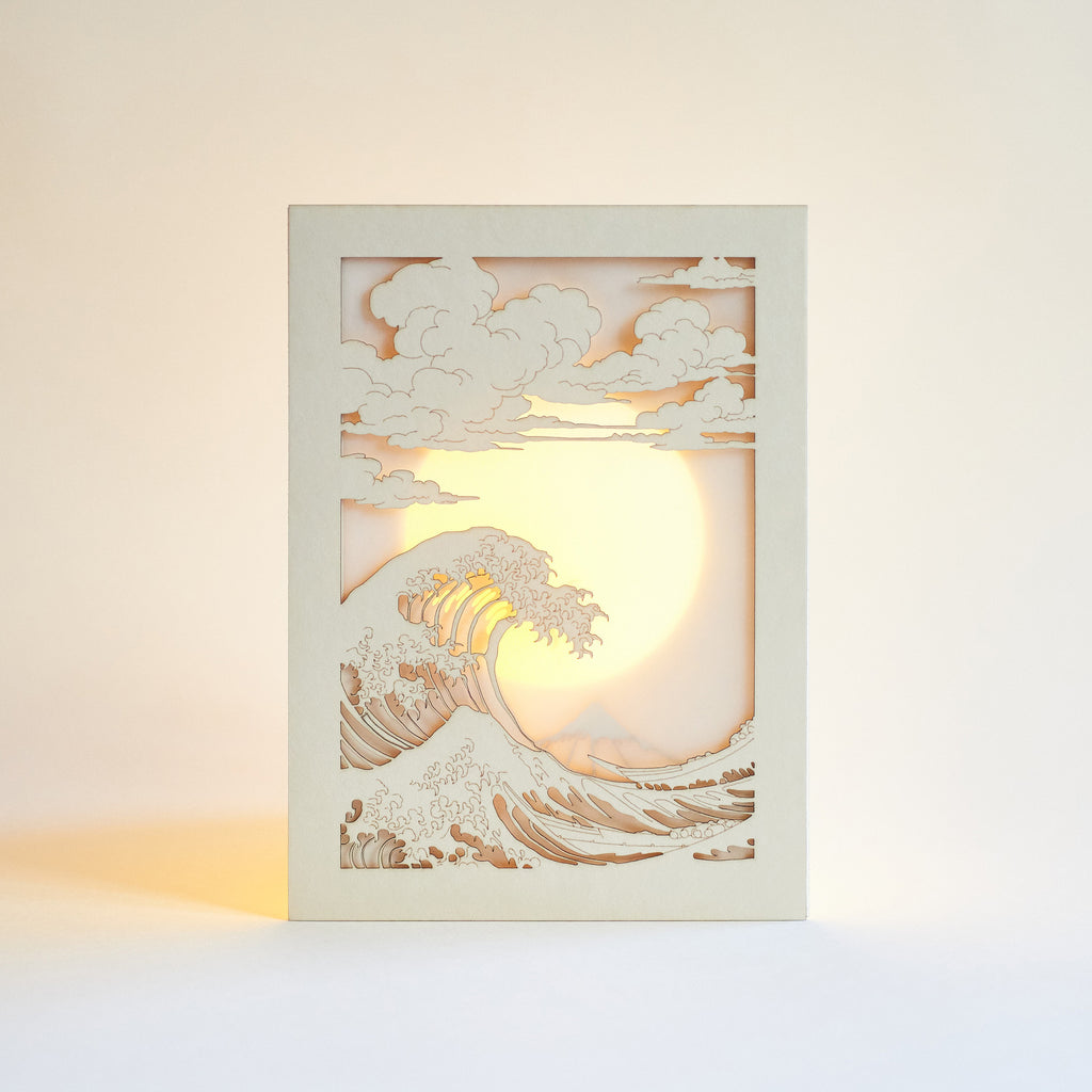 Hokusai Mount Fuji with ocean waves and bright sun