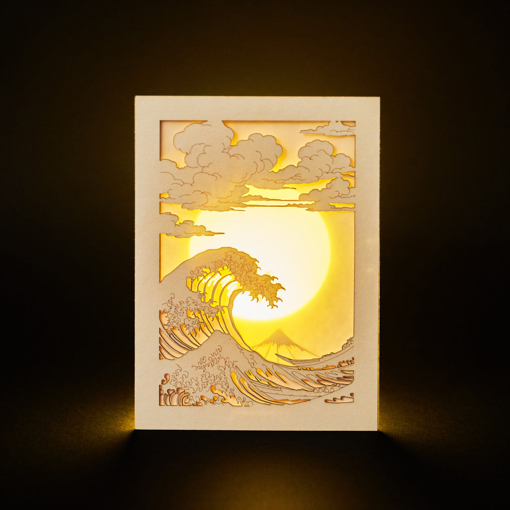 Hokusai Mount Fuji with ocean waves and bright sun