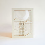 Little boy astronaut climbing ladder to moon and stars