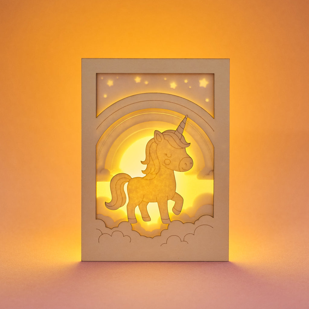 Chubby unicorn dancing under rainbow in clouds with stars