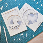 Chubby unicorn dancing under rainbow in clouds with stars