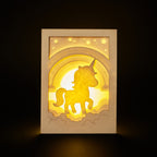 Chubby unicorn dancing under rainbow in clouds with stars