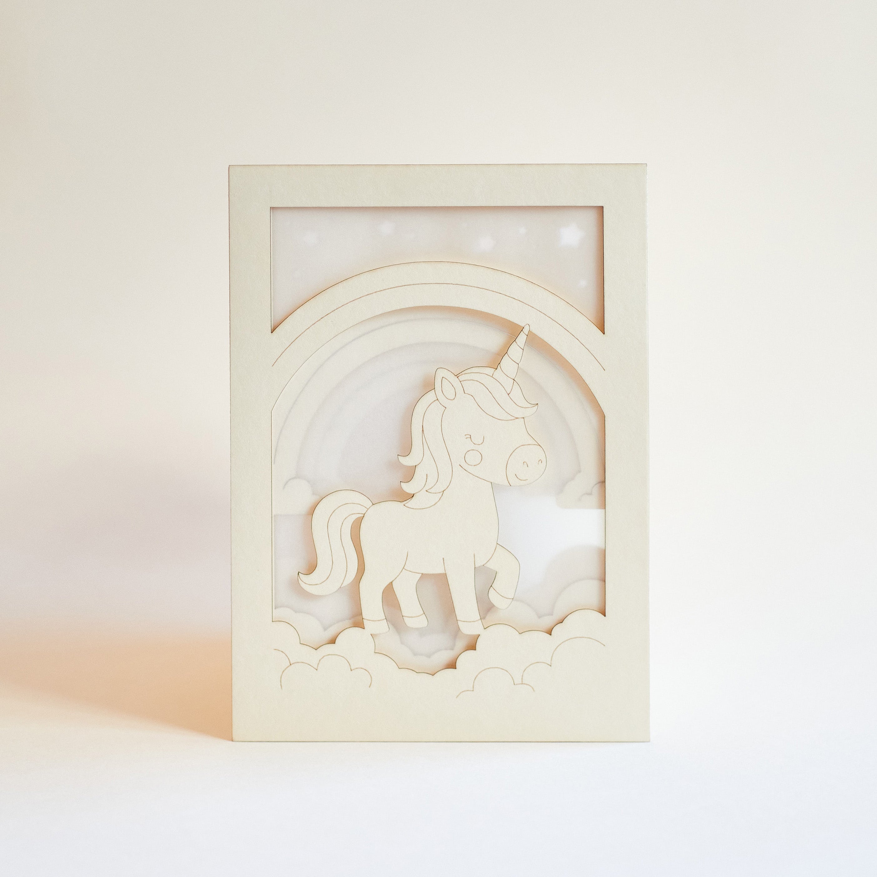 Chubby unicorn dancing under rainbow in clouds with stars