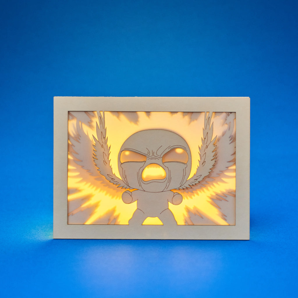 Isaac from Binding of Isaac game with power rays and layered wings