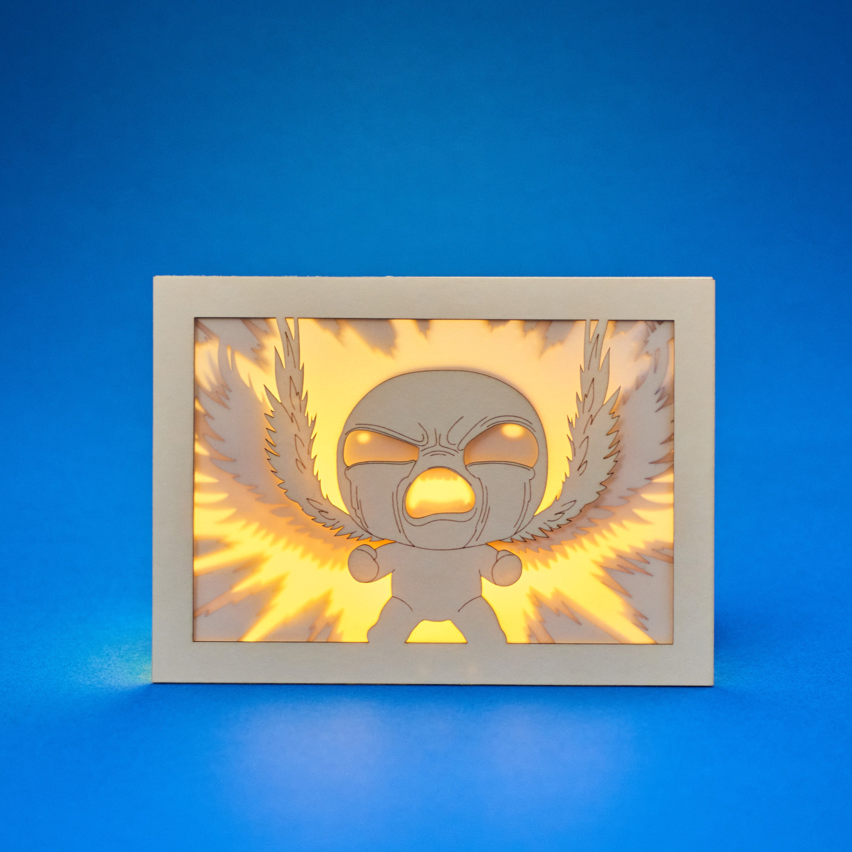 Isaac from Binding of Isaac game with power rays and layered wings