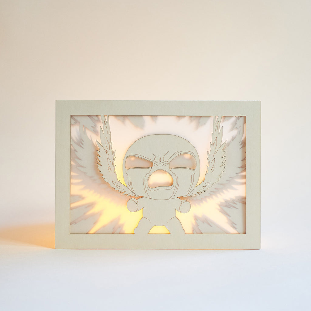 Isaac from Binding of Isaac game with power rays and layered wings