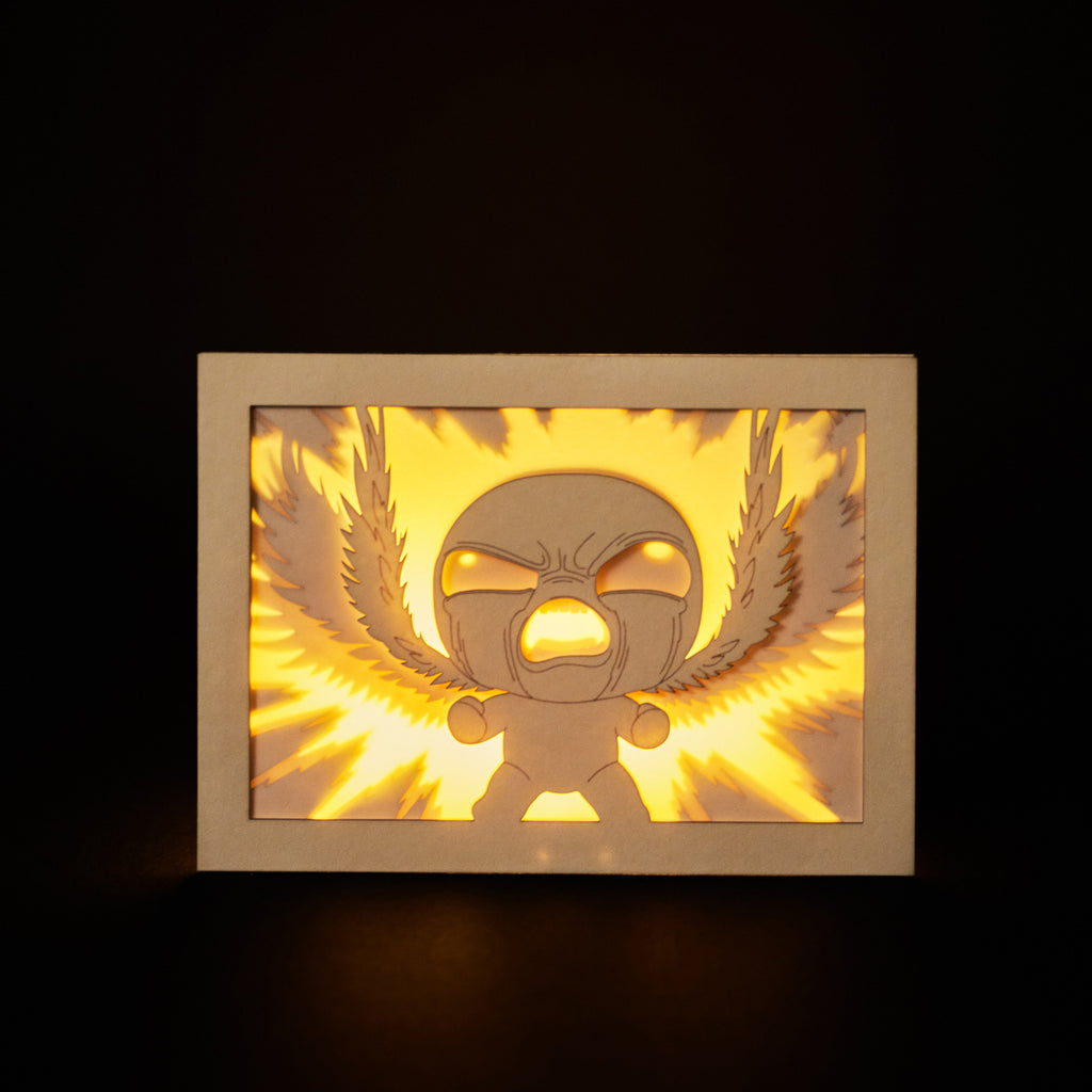 Isaac from Binding of Isaac game with power rays and layered wings