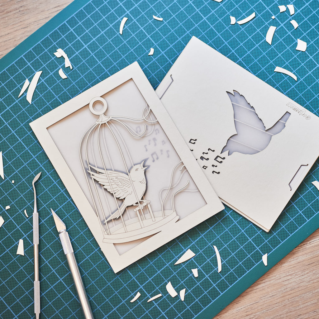 Bird escaping golden cage through song with broken bars