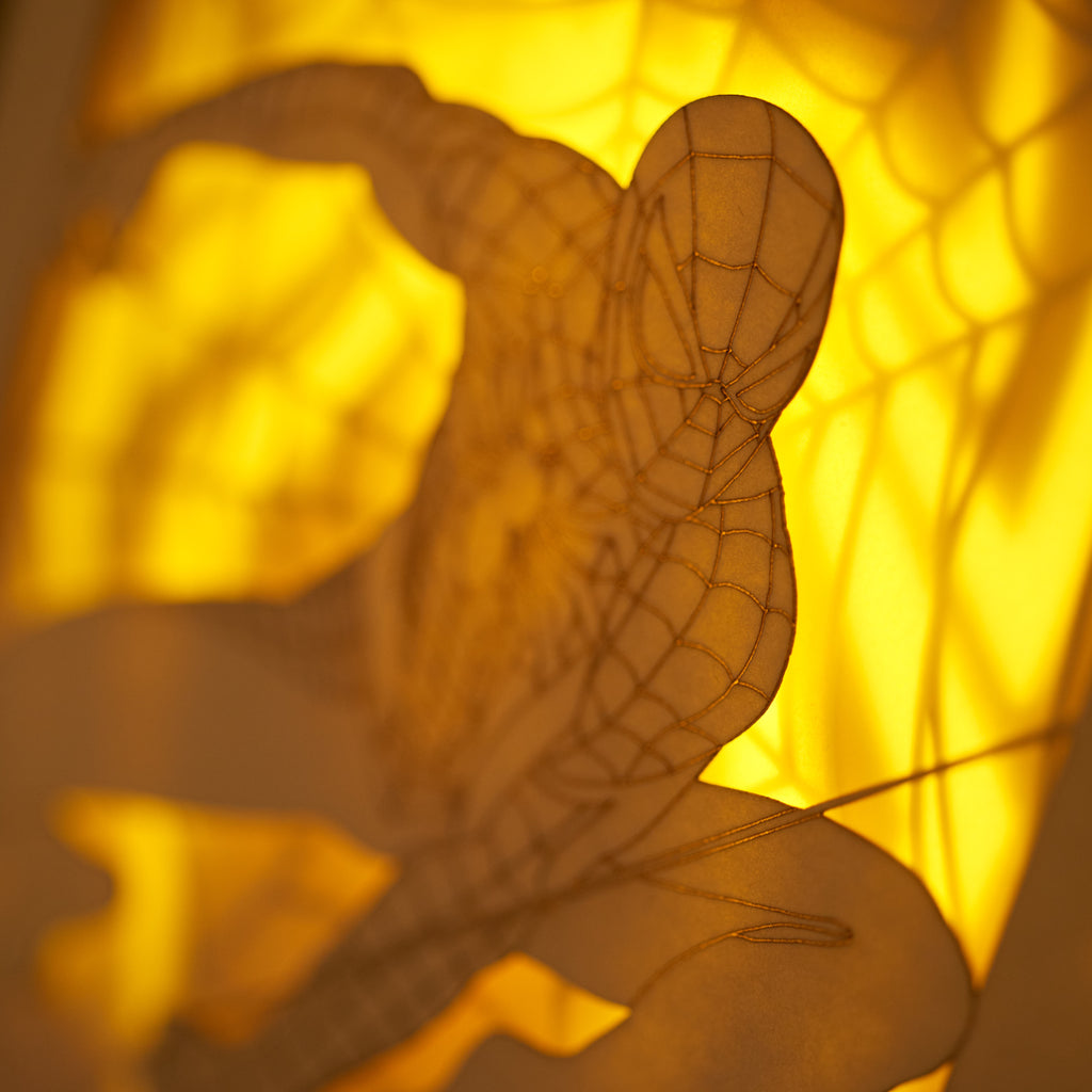Spider-Man swinging on web with logo and intricate web design