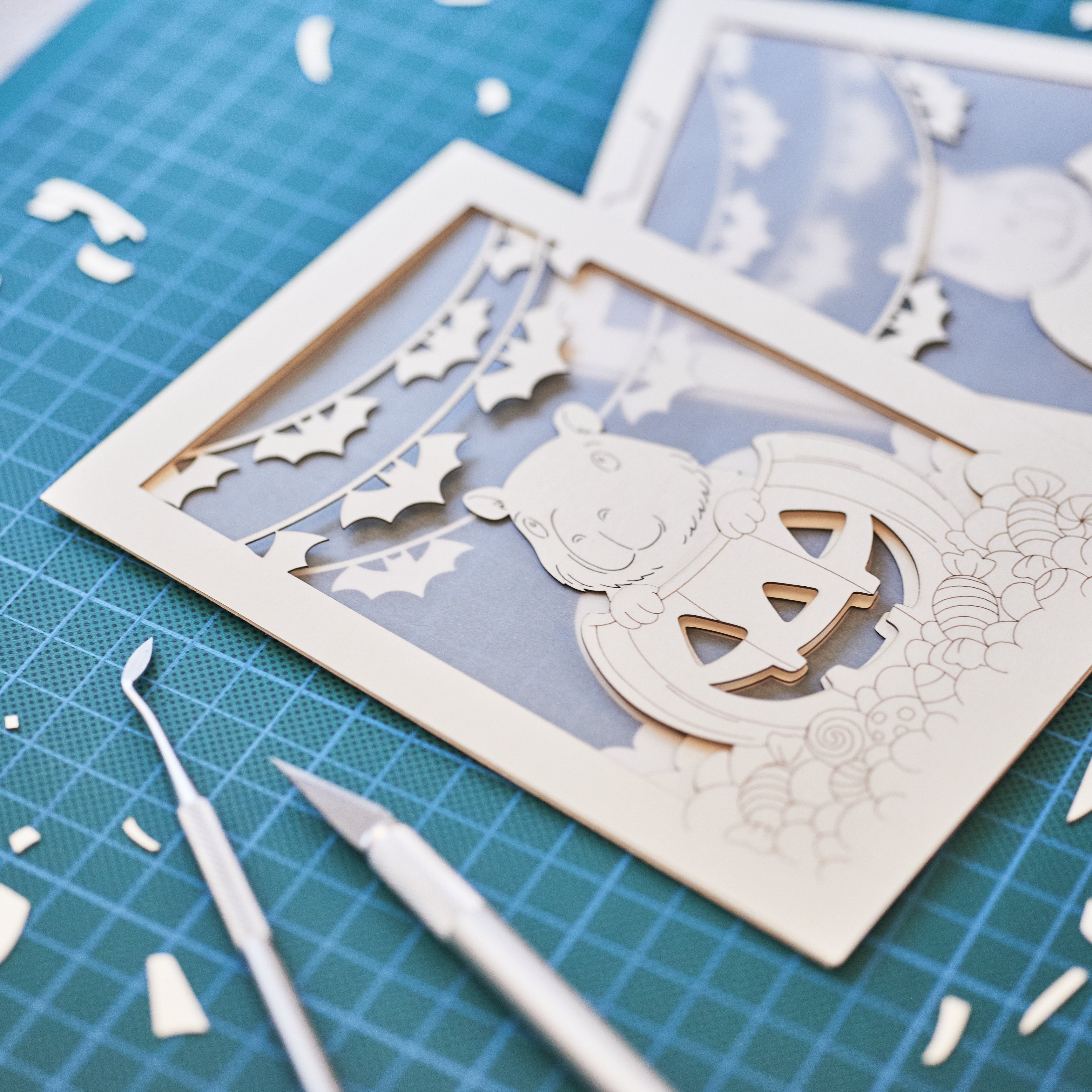 Cute capybara in jack-o-lantern with candy and bats Halloween