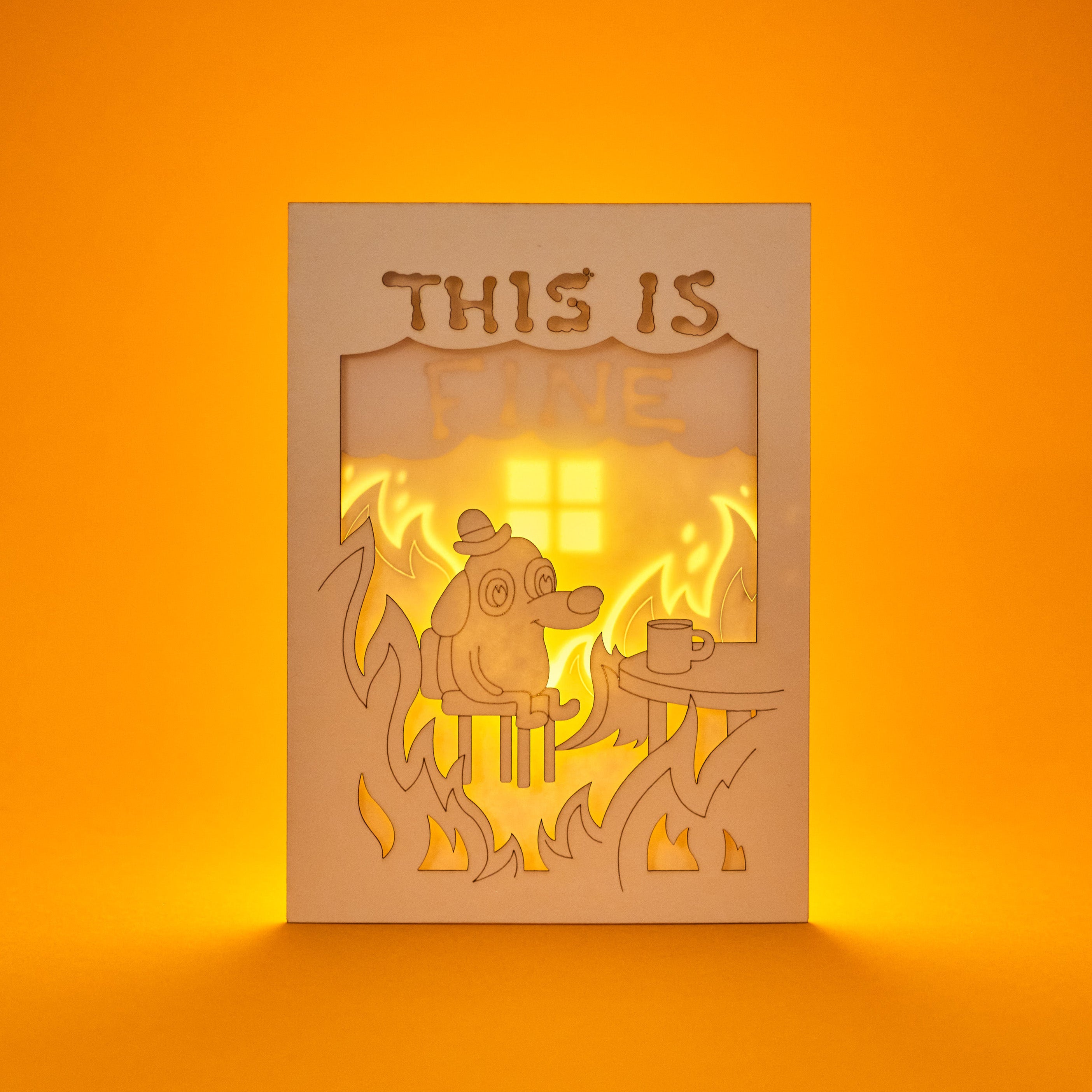 This is fine meme dog with coffee in burning office