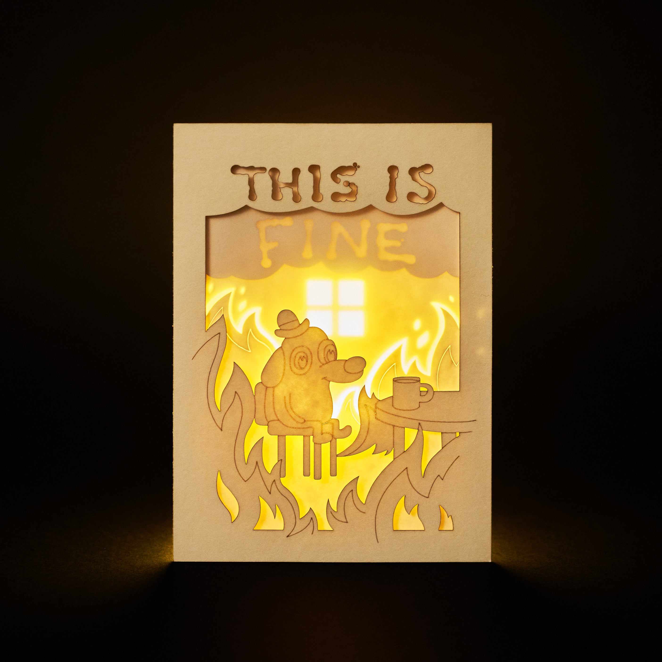 This is fine meme dog with coffee in burning office