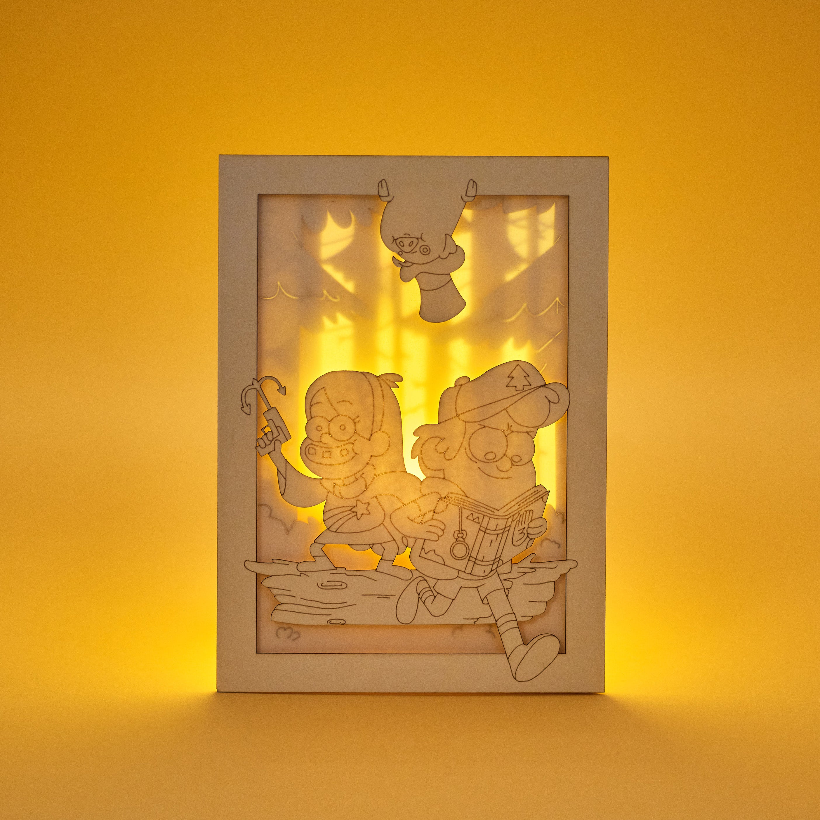 Mabel and Dipper Pines running through Gravity Falls forest with Waddles