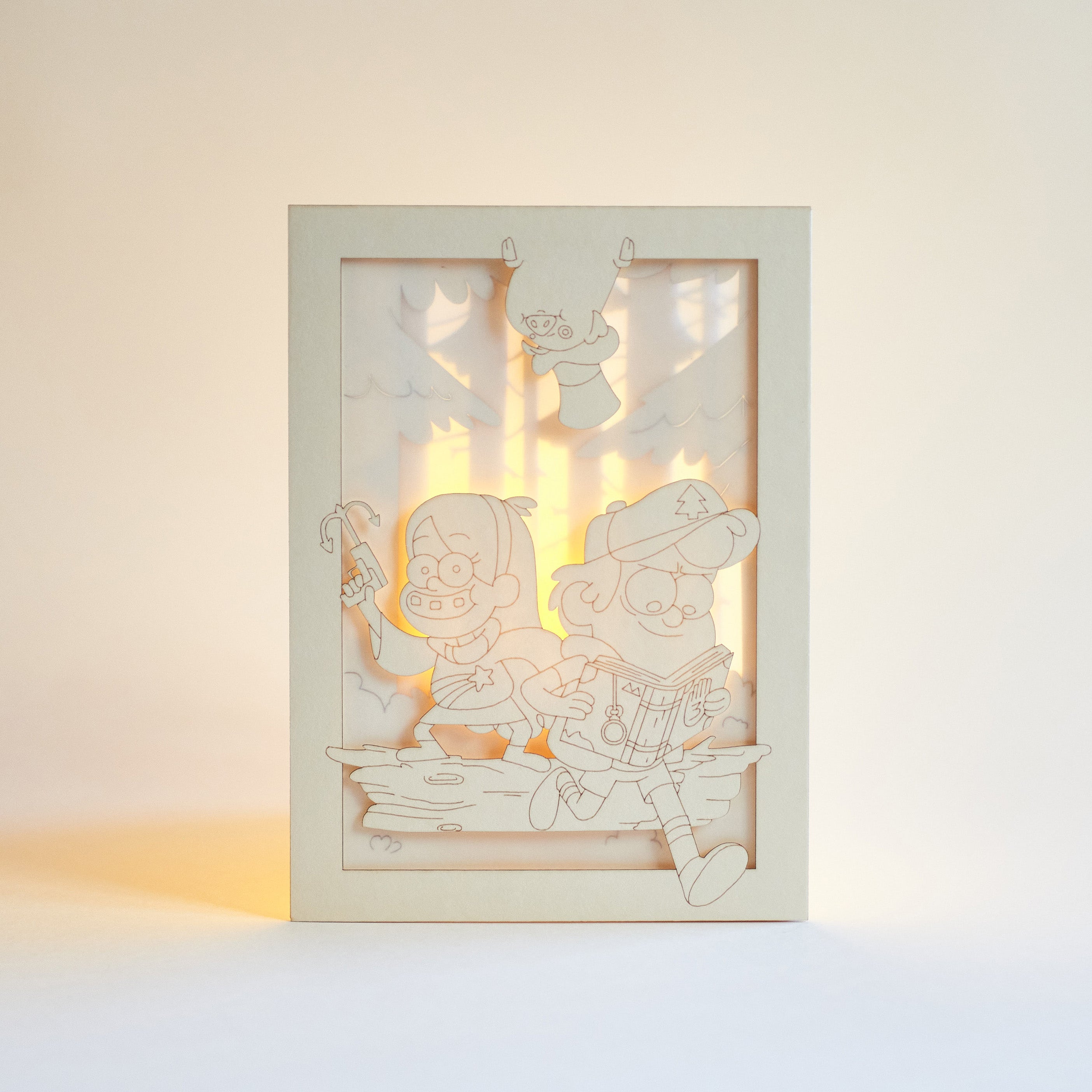 Mabel and Dipper Pines running through Gravity Falls forest with Waddles