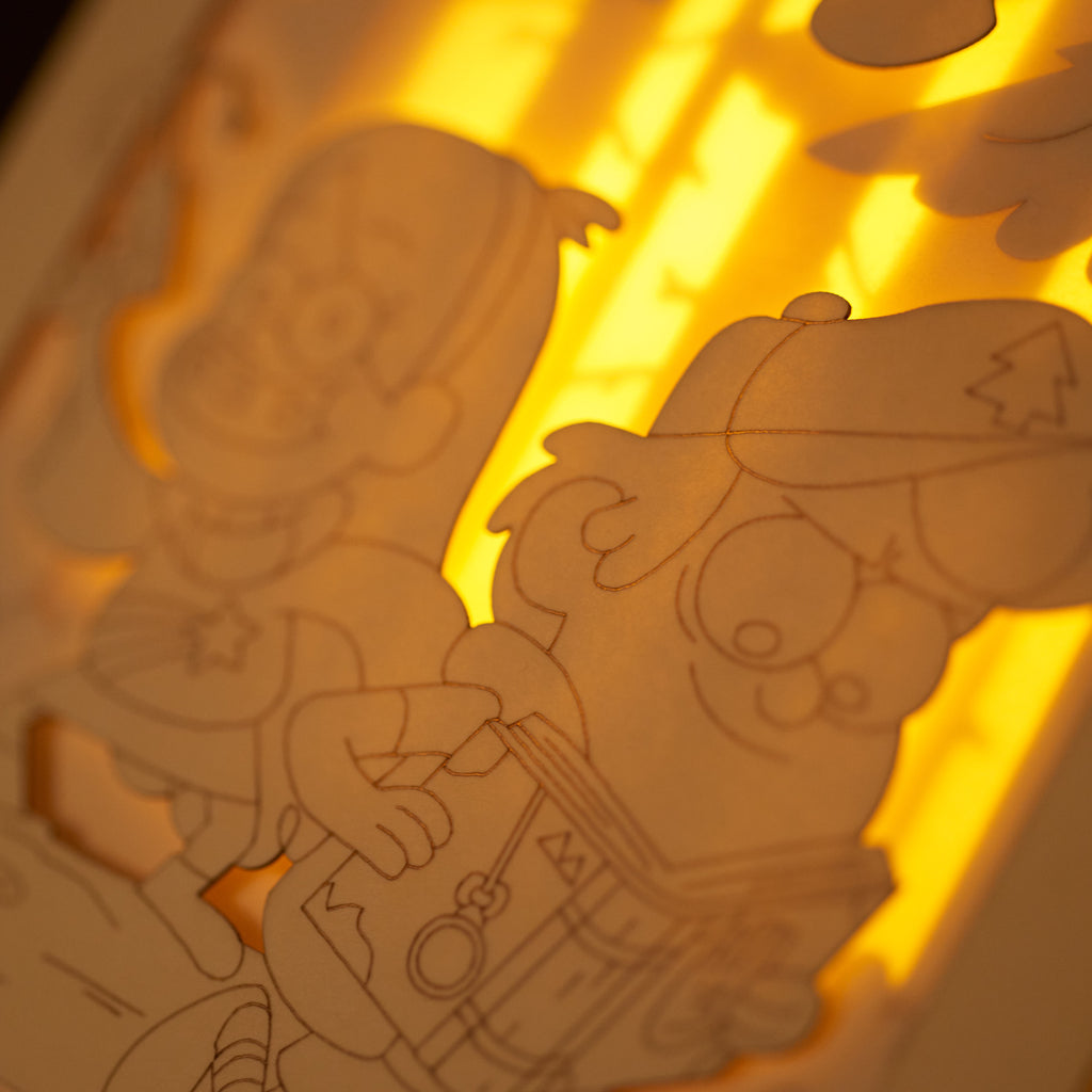 Mabel and Dipper Pines running through Gravity Falls forest with Waddles