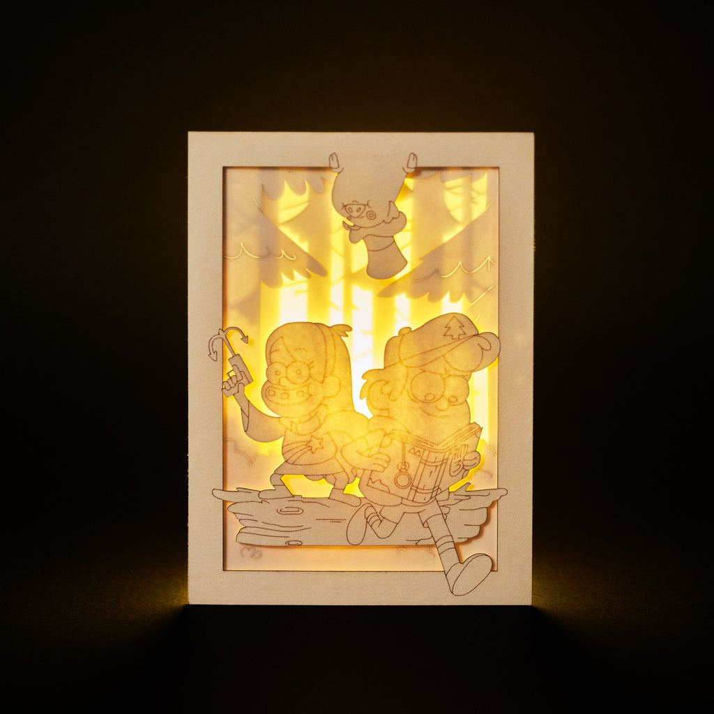 Mabel and Dipper Pines running through Gravity Falls forest with Waddles