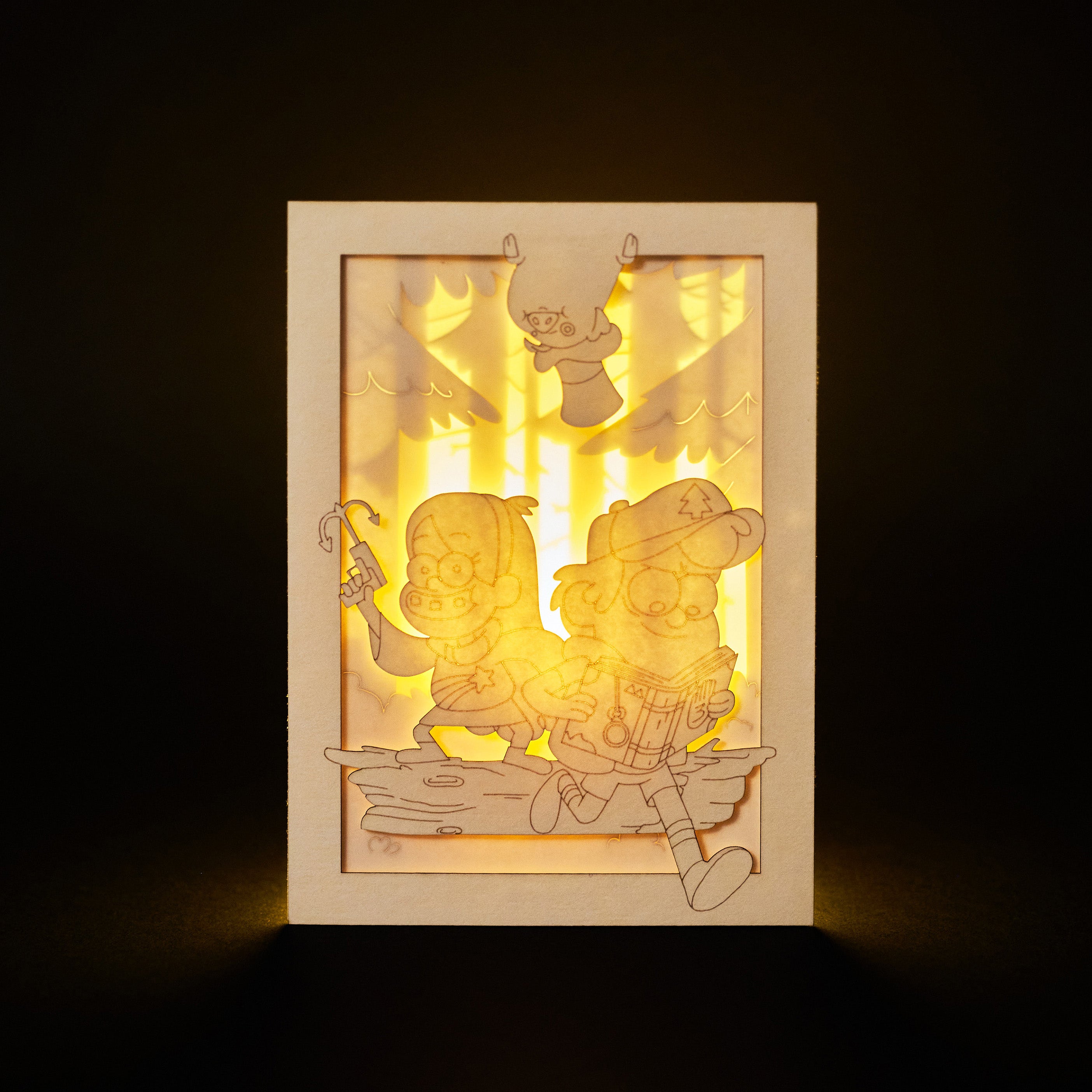 Mabel and Dipper Pines running through Gravity Falls forest with Waddles