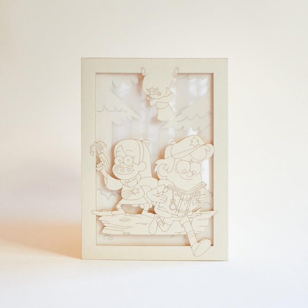 Mabel and Dipper Pines running through Gravity Falls forest with Waddles