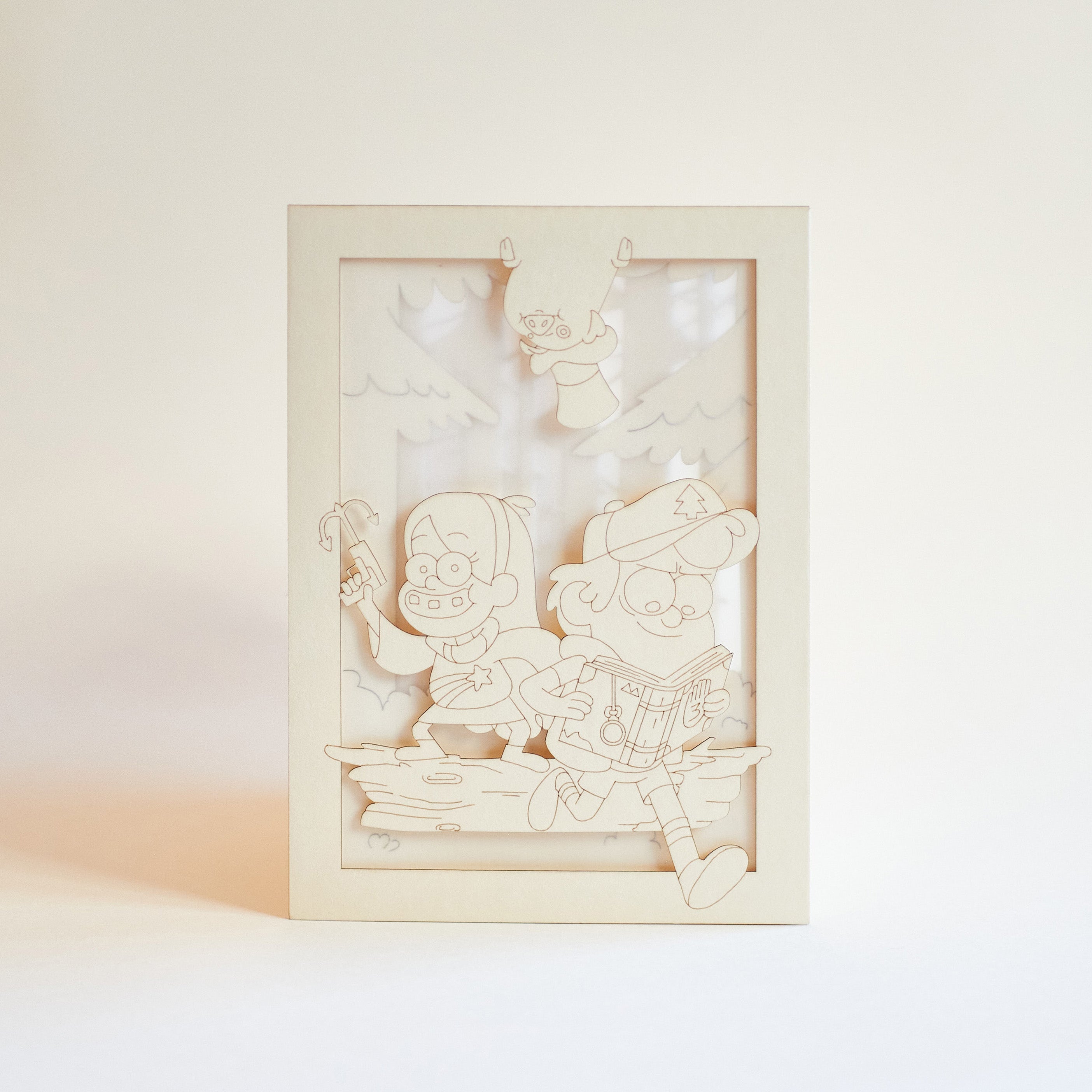 Mabel and Dipper Pines running through Gravity Falls forest with Waddles