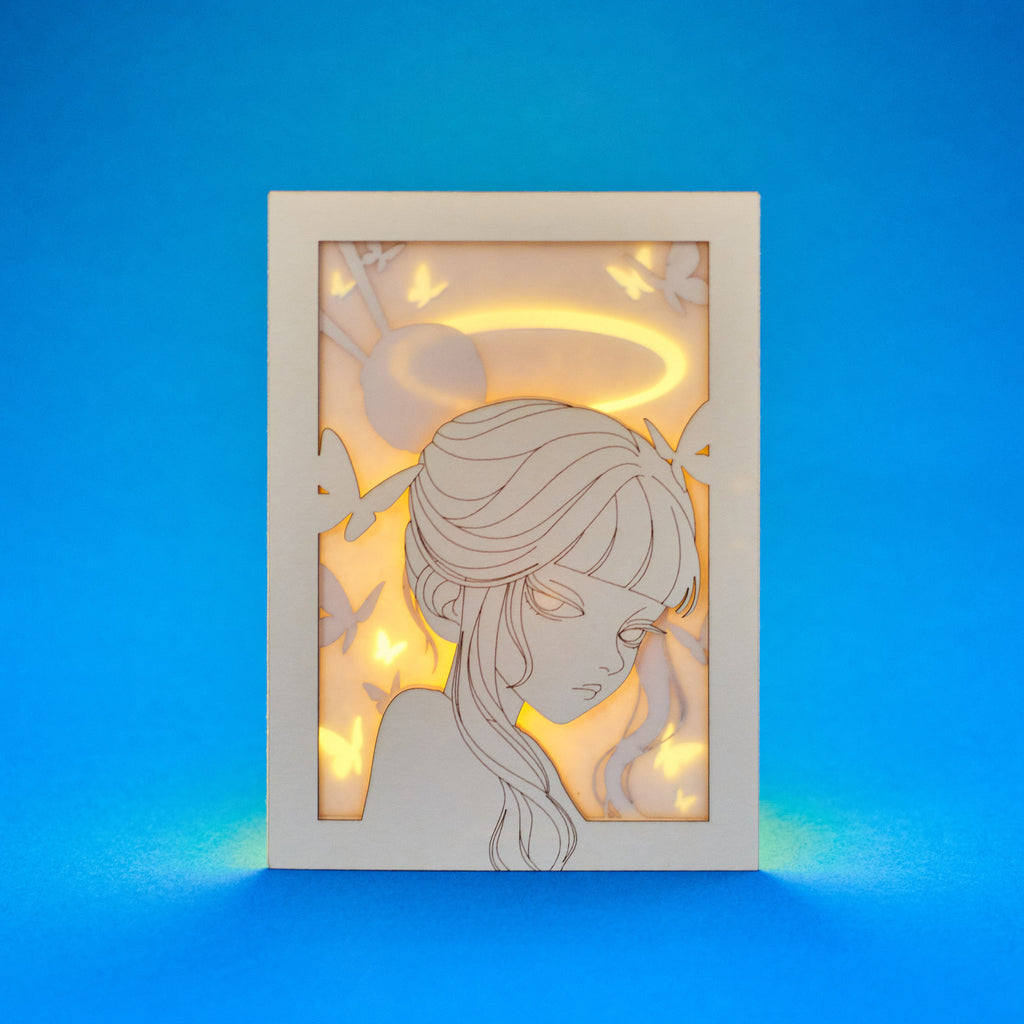 Minimalist anime girl with bun hairstyle halo and butterflies