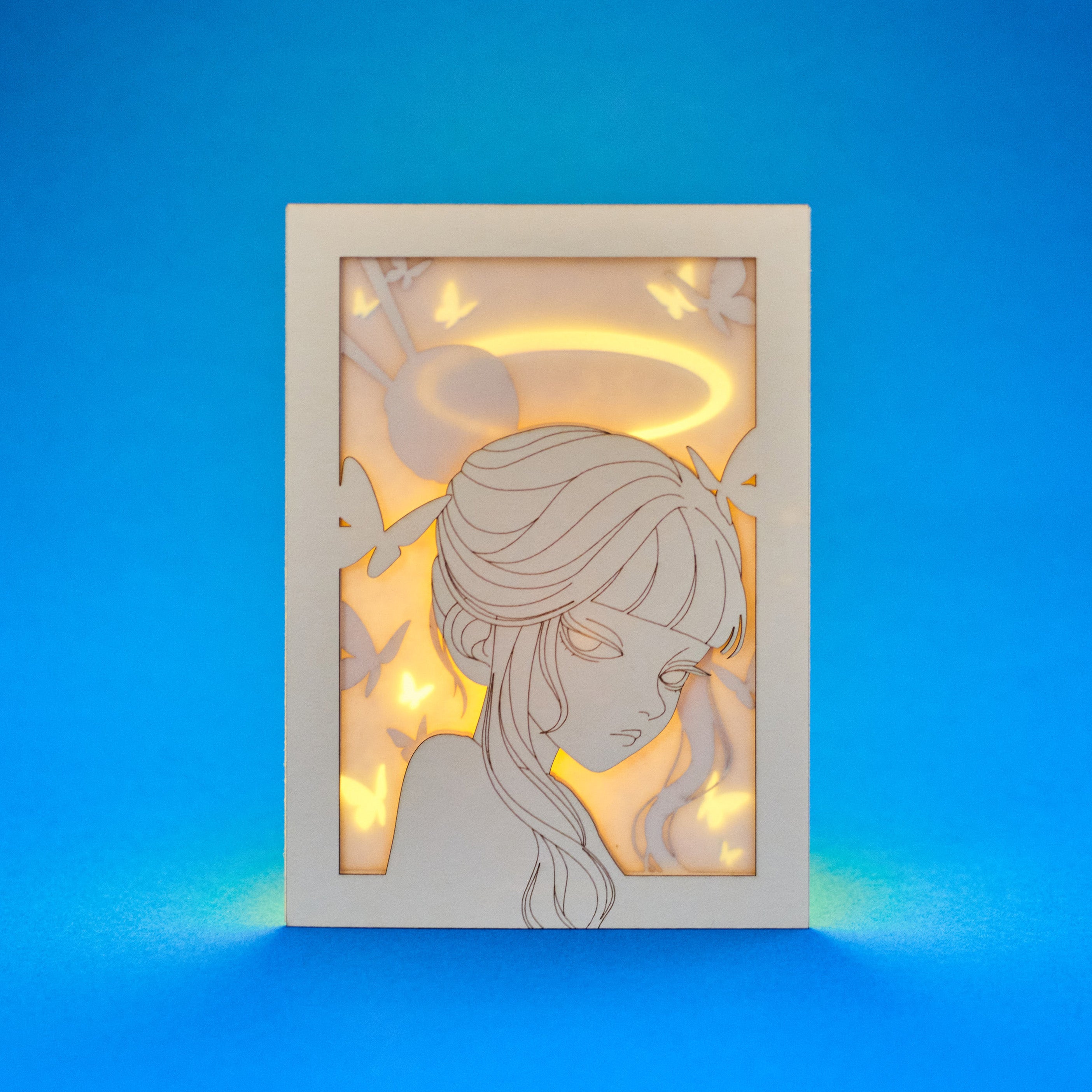 Minimalist anime girl with bun hairstyle halo and butterflies