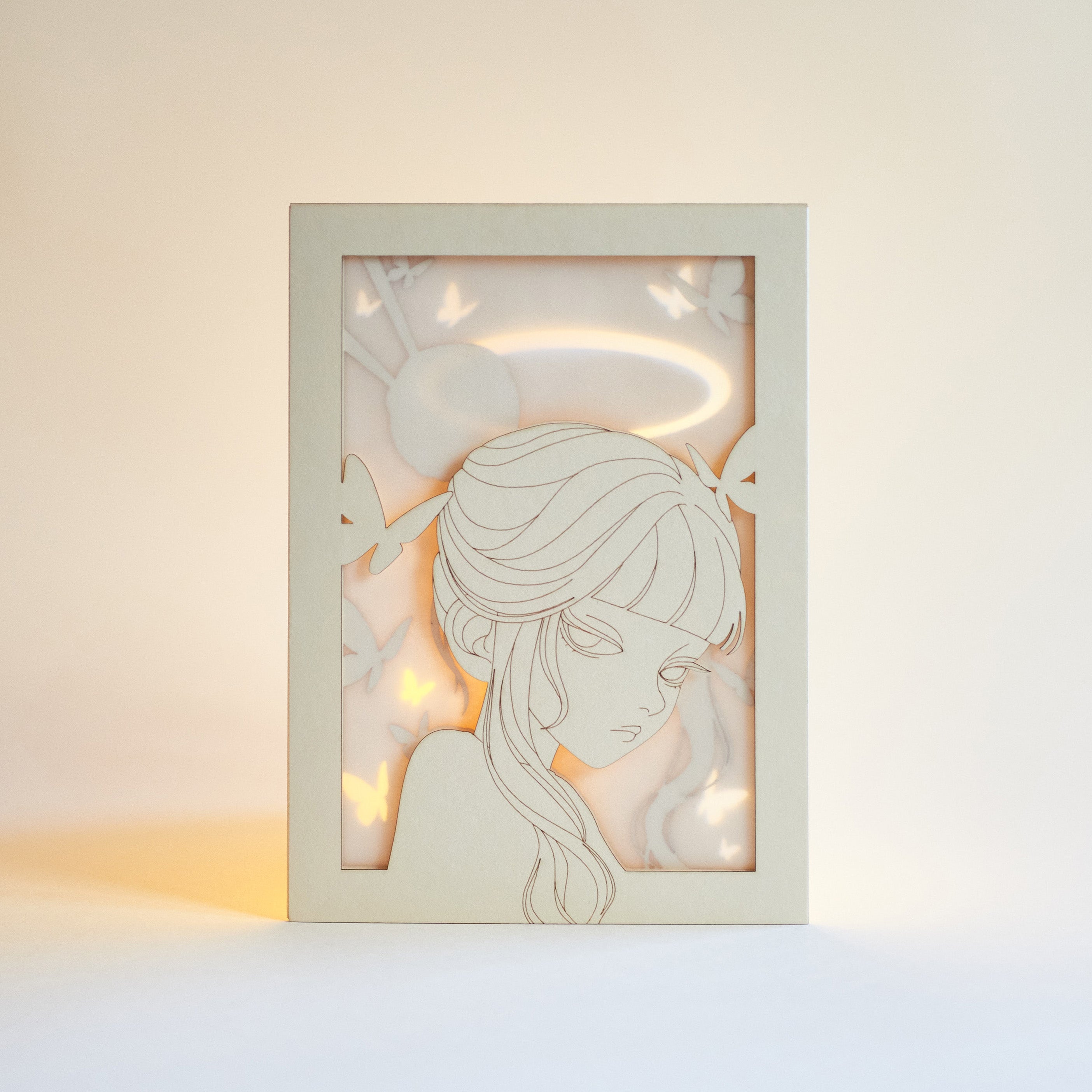 Minimalist anime girl with bun hairstyle halo and butterflies