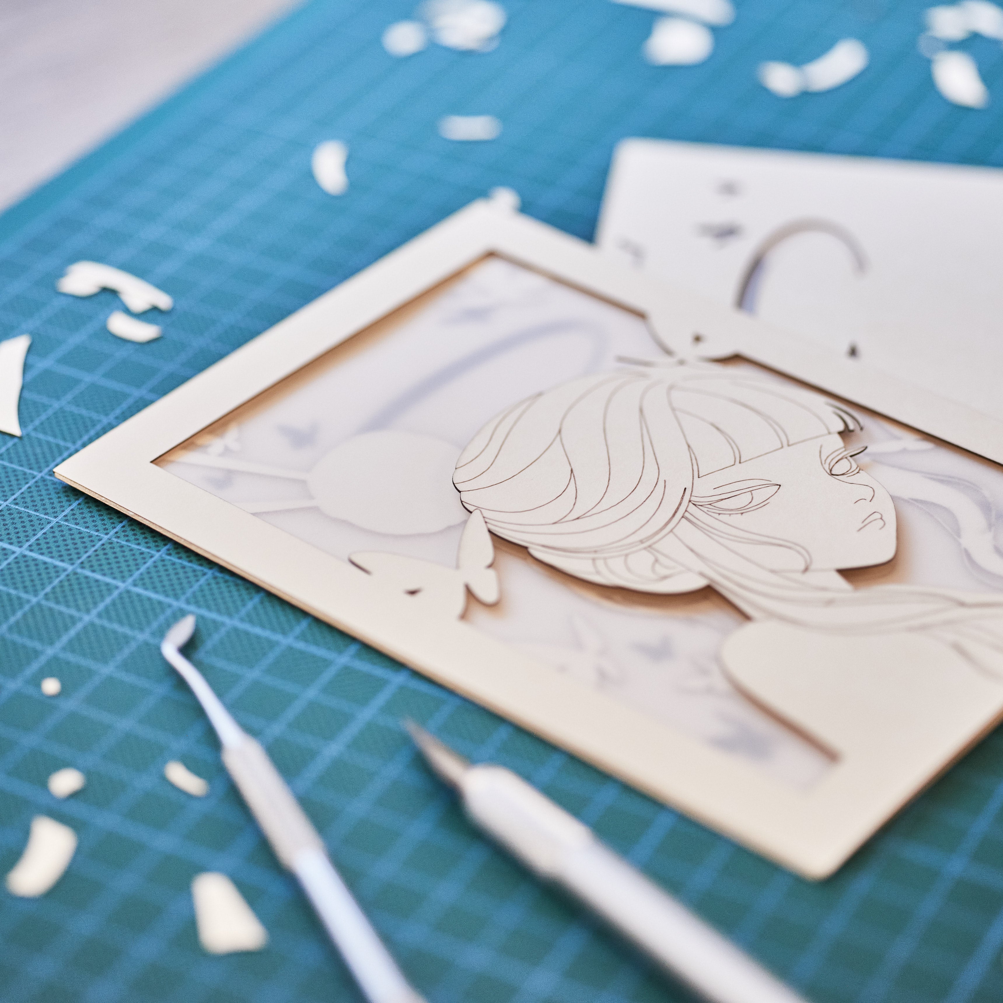 Minimalist anime girl with bun hairstyle halo and butterflies